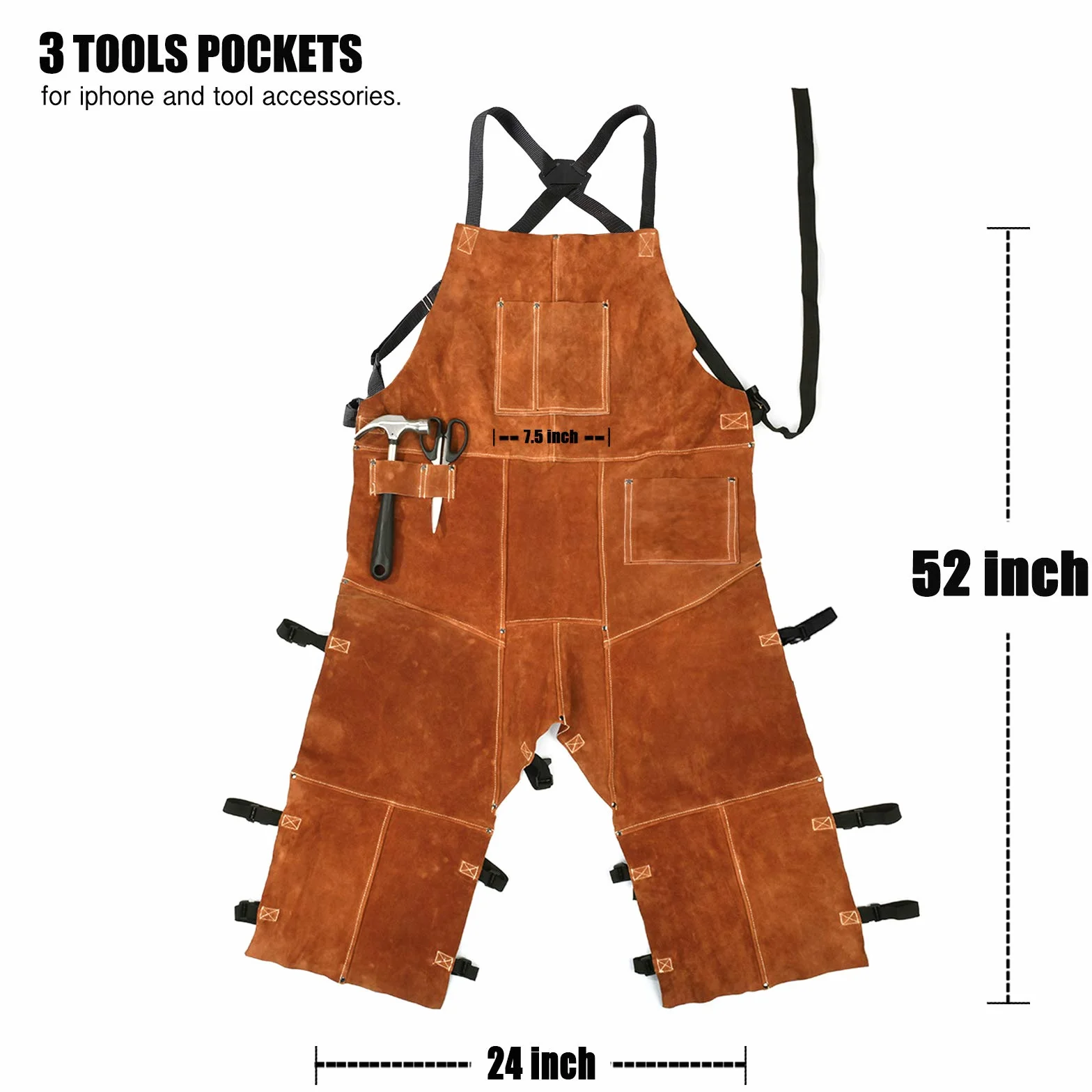 QeeLink Grembiule da Saldatura in pelle, Gamba Divisa Grembiule da Lavoro, Resistente al Calore e Ignifugo Grembiule Falegname con 3 tasche per Fabbro, Carpentiere