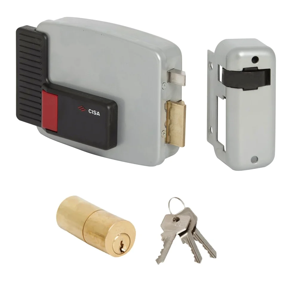 CISA 111611801, Serratura Elettrica da Applicare, 12V, Verniciato Grigio Alluminio, Entrata 80, Mano Destra, Cilindro a tubo