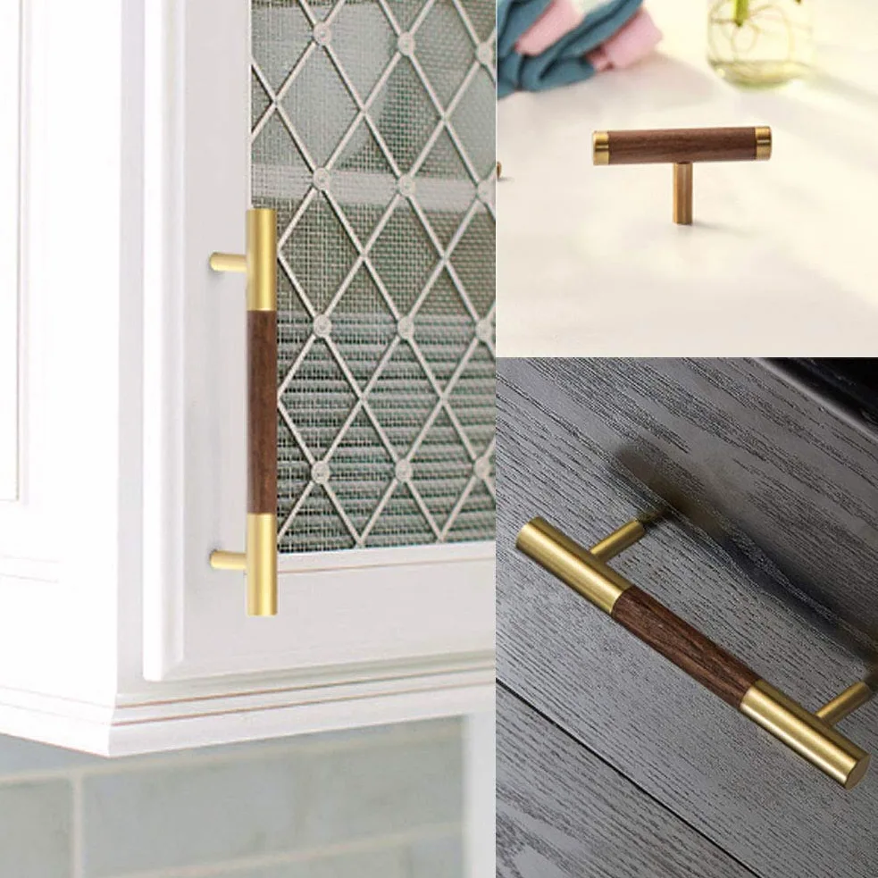 Maniglia per armadio da cucina, in ottone+noce, maniglie a T in stile europeo per mobili, cassetti, cassettiera, porta, pomello per armadietti (foro singolo/96/128/160 mm) (5 pezzi foro singolo)