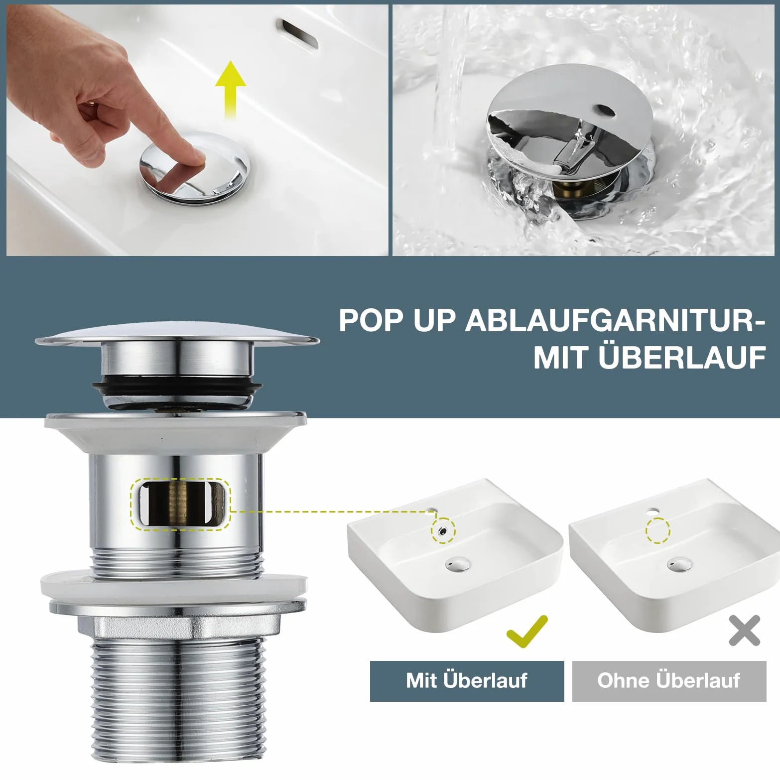 Sifone pop up valvola di scarico con troppopieno, design universale, sifone a tubo con apertura di pulizia, tubo di immersione regolabile, cromato