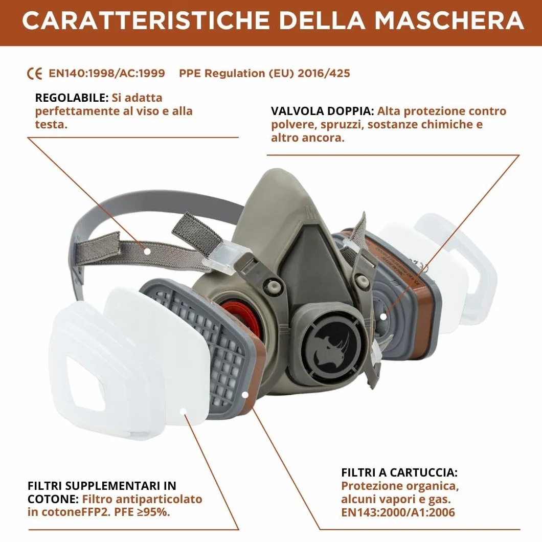 RHINO Smart Solutions Maschera Antigas A1 con Filtri, Occhiali, Guanti di Sicurezza Antipolvere Verniciatura