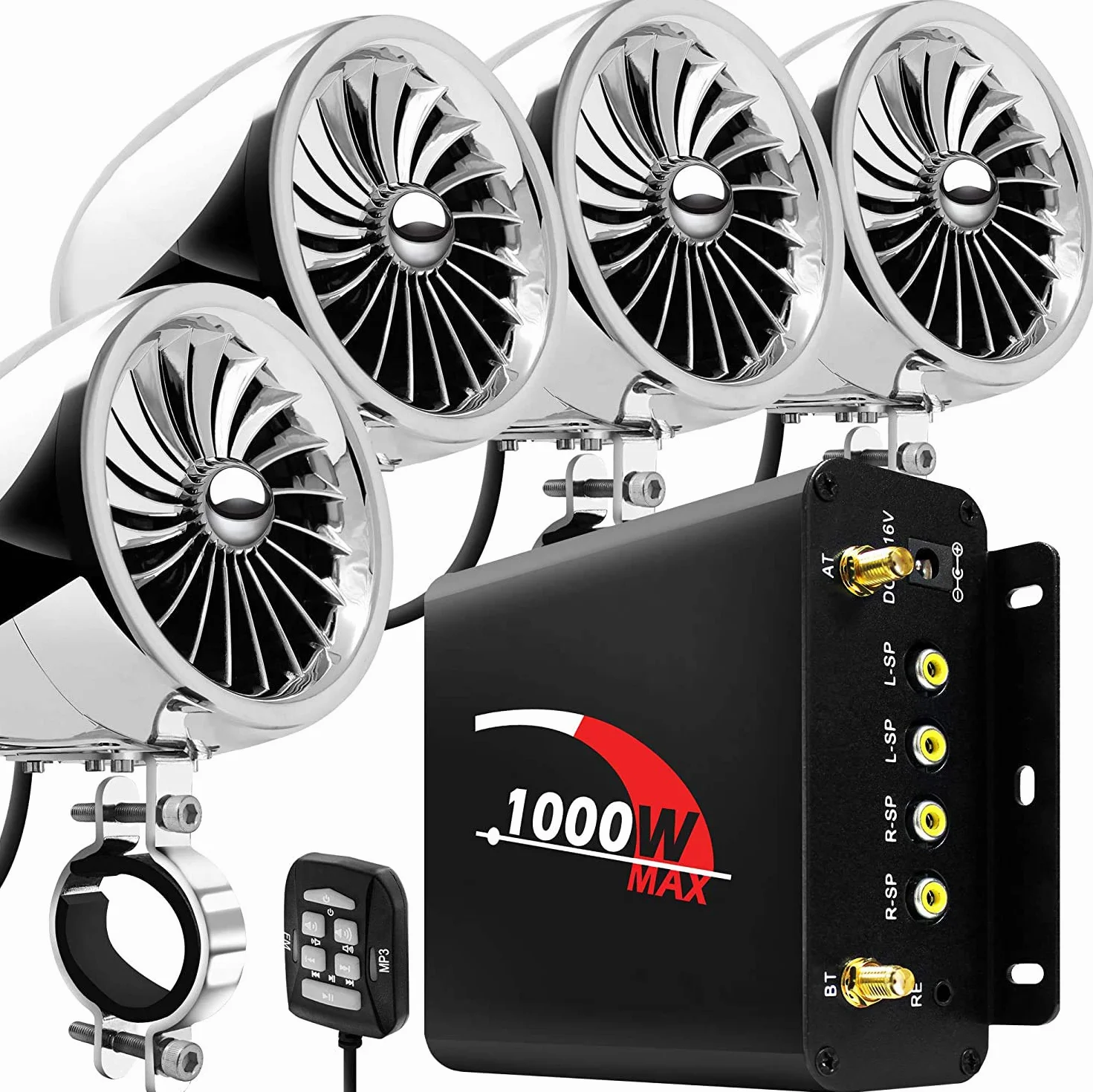 1000W Amplificatore per moto a 4 canali 4 "Altoparlanti stereo Bluetooth per moto impermeabili a gamma completa Sistema audio Radio FM per 1-1,5" Manubrio ATV UTV (Cromo, Ventola)
