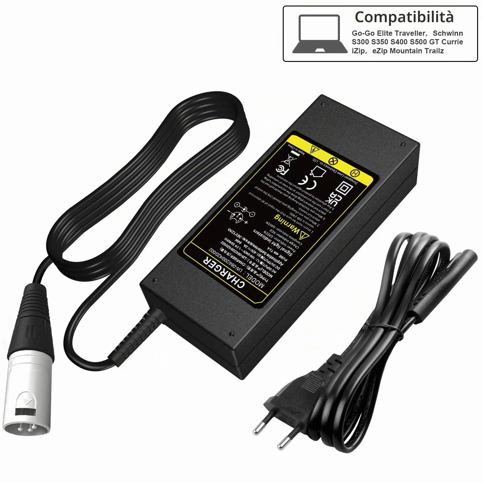 Labtec Caricabatteria 42V 36V 2A per Batteria al litio con connettore XLR a 3 pin per Bici Elettrica Monopattino Elettrico Sedia a Rotelle Elettrica