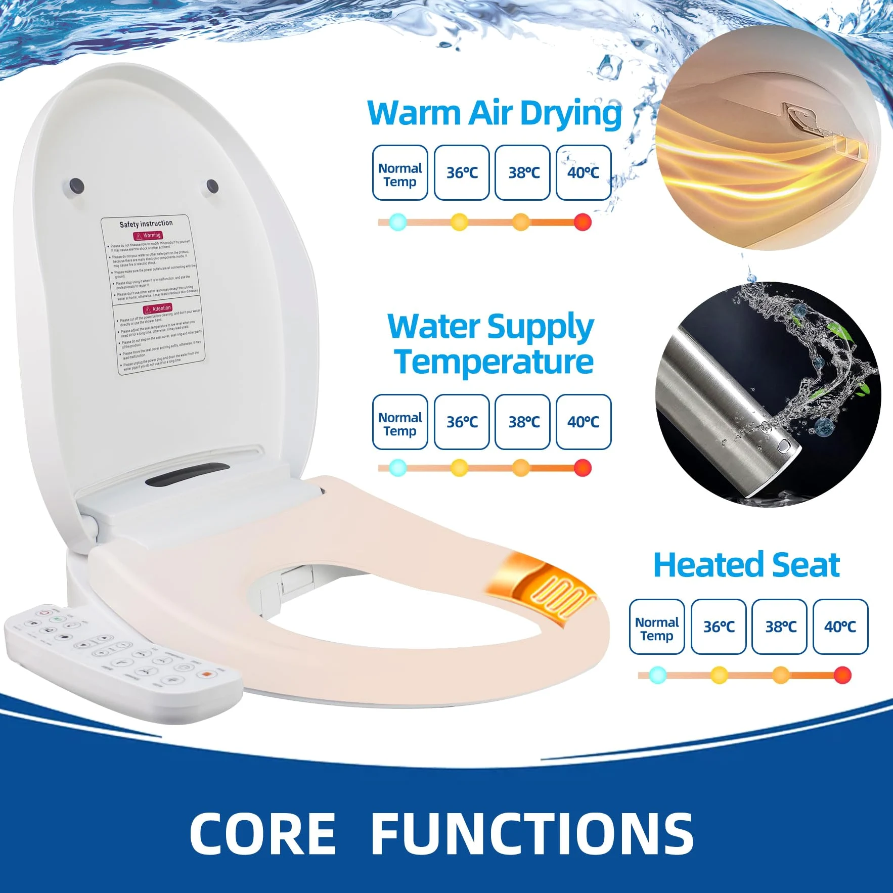 Sedile WC allungato - Sedile WC bidet con asciugatrice e acqua calda, lavaggio a temperatura controllata, pannello touch intelligente, luce notturna, chiusura lenta