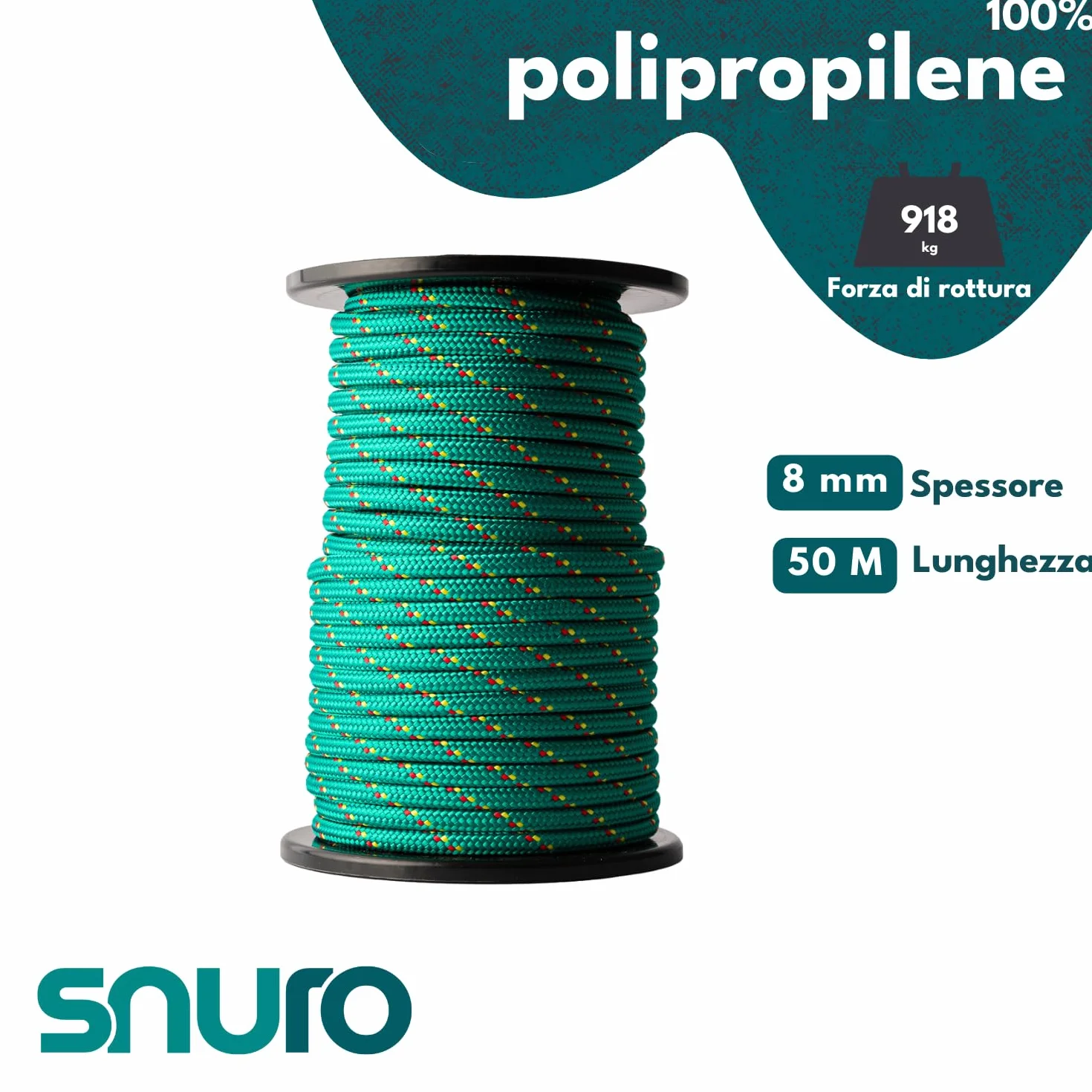 Corda in polipropilene (8mm, 50m, verde con rosso e giallo) - Corda intrecciata leggera per tutti gli usi, per esterni, la sopravvivenza e il giardino - Forza di rottura 918kg
