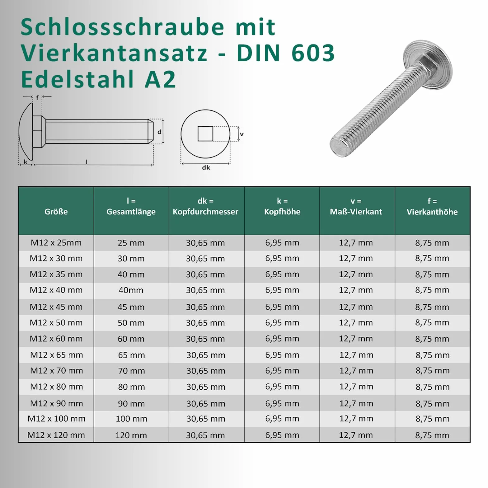 Viti a testa tonda M12 x 60 mm DIN 603 Dado di sicurezza M12 DIN 985 Acciaio inox A2/V2A 10 pezzi