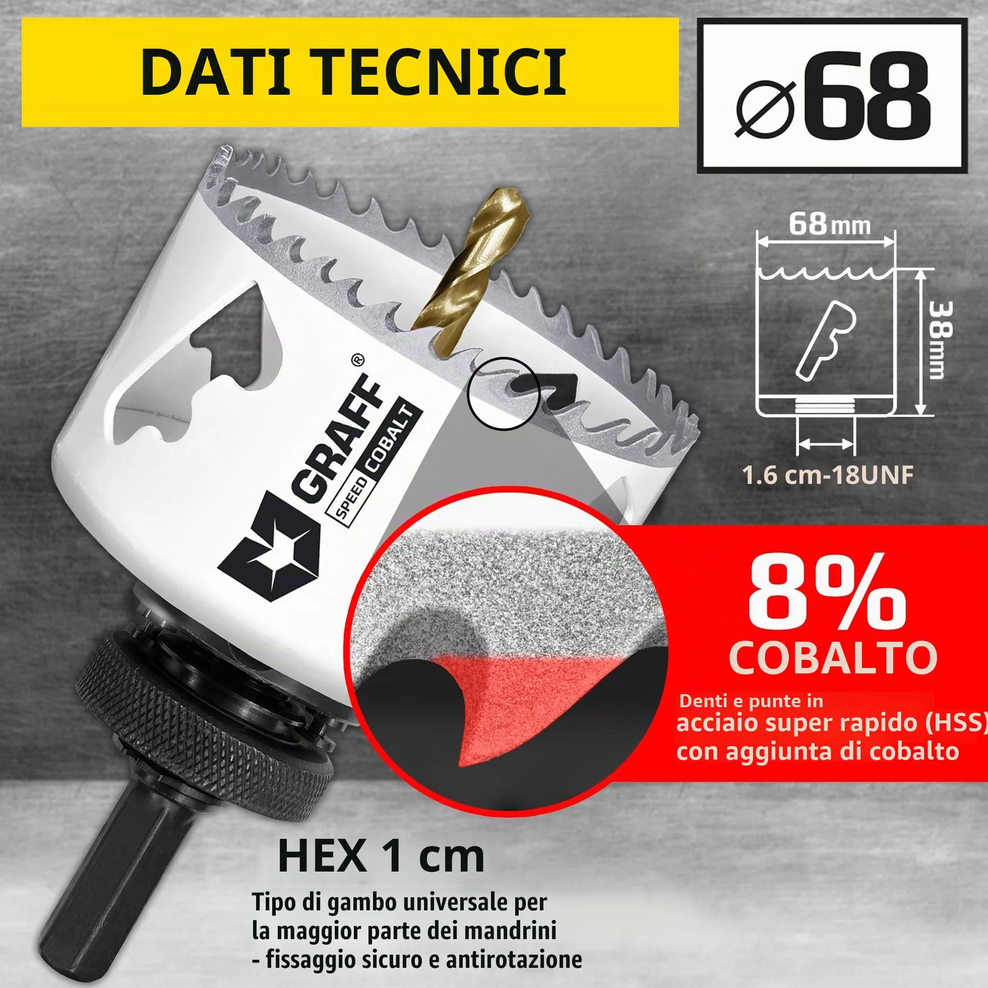 Sega a Tazza Bi-Metallica 68mm 8% Cobalto con Adattatore Esagonale GRAFF