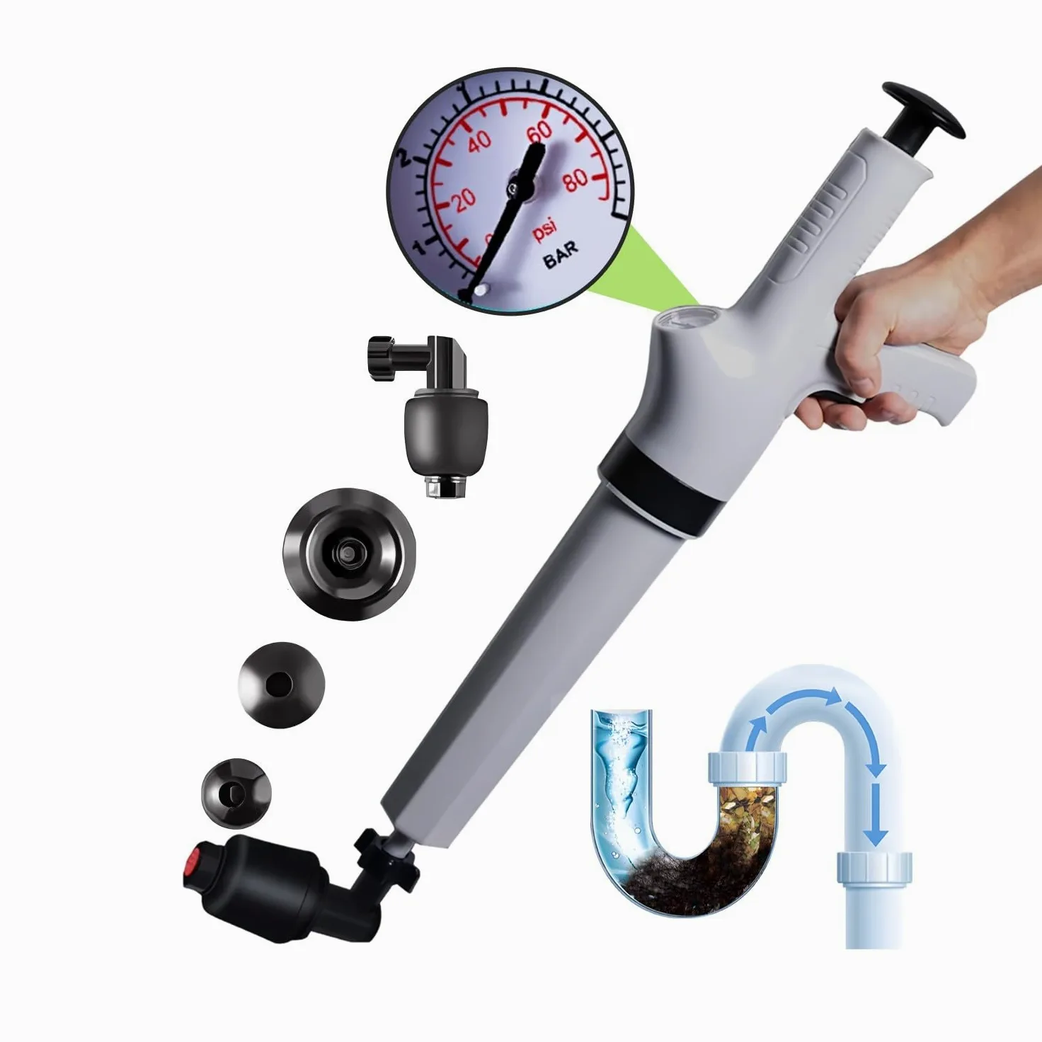 Sturalavandini a Pressione Pompa Stura Scarichi a Pressione Stantuffo Stura WC ad Aria Compressa con 4 Teste Sostituibili, Barometro, per Cucina, Vasca da Bagno, Bagno