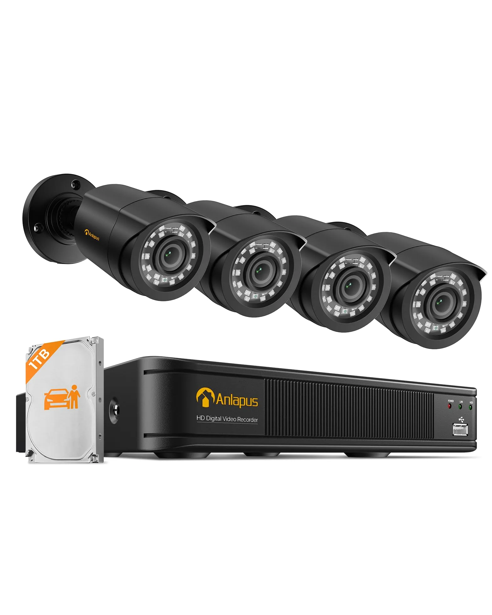Anlapus 1080P - Videocamera di sorveglianza esterna 8 CH H.265+ DVR con 1TB HDD + 4 Bullet Camera 20M IR Visione Notturna compatibile PC/Mac