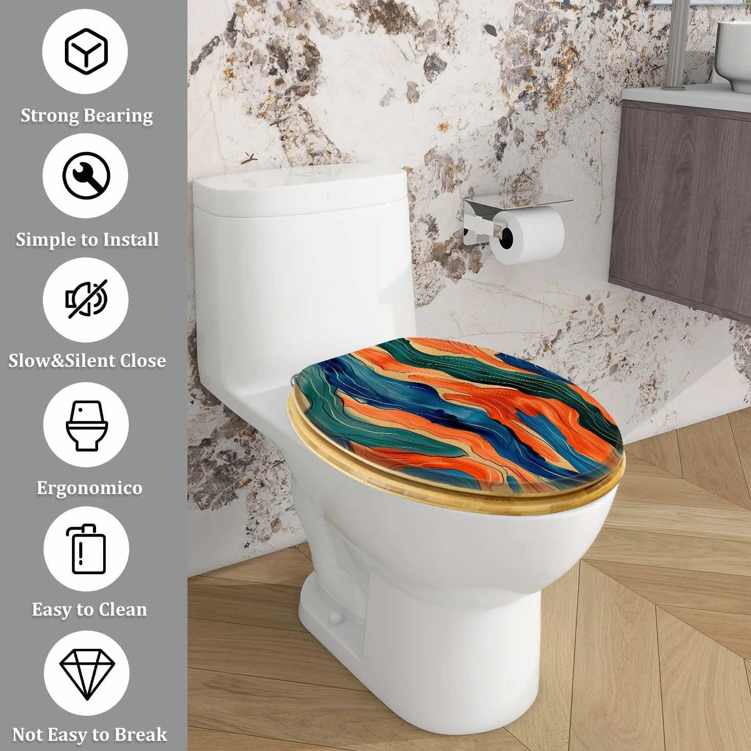 Sedile WC allungato in legno con cerniere a sgancio rapido a chiusura ammortizzata, stampa astratta senza cuciture, copriwater decorativo.