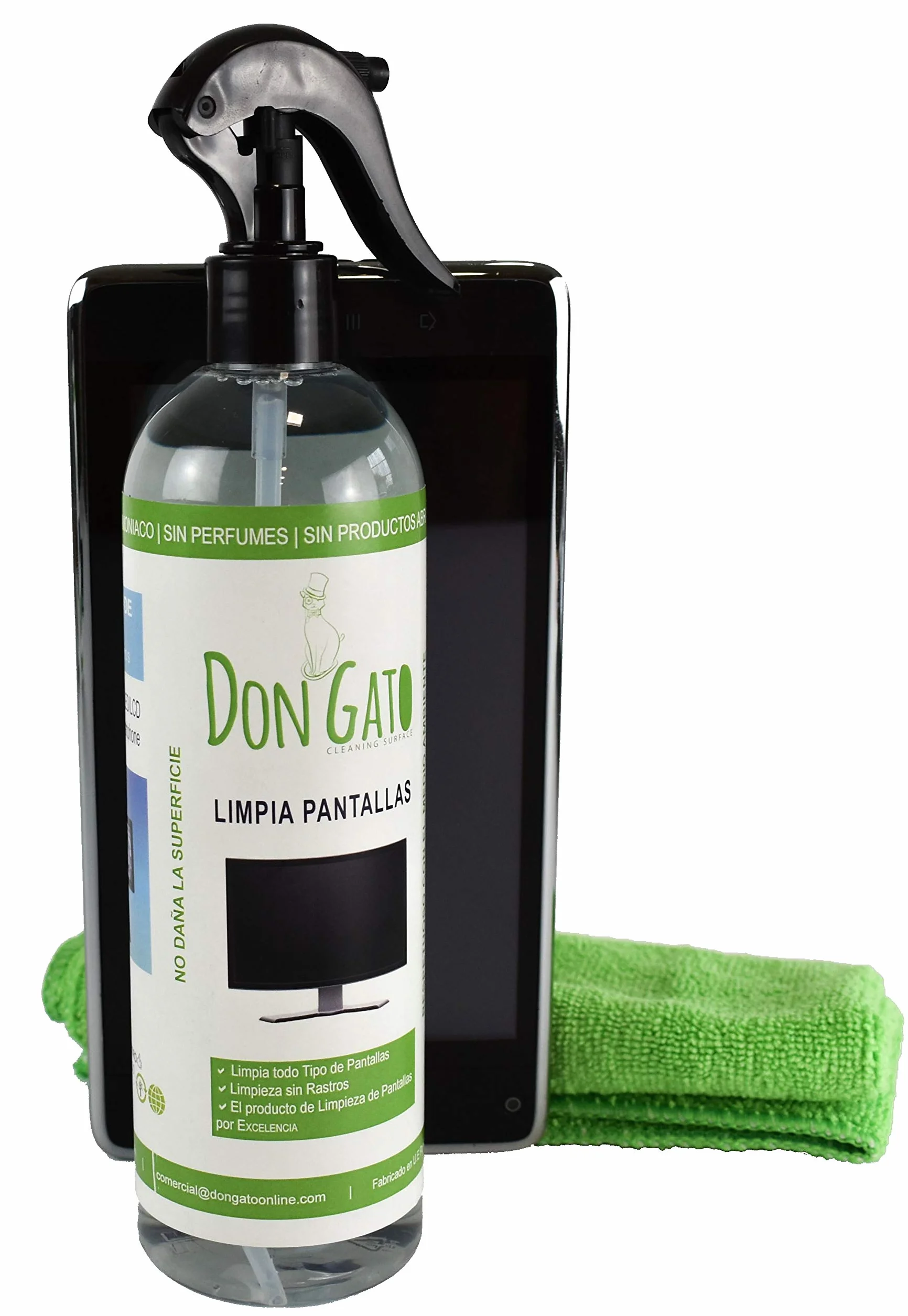 Don Gato – Kit per la pulizia dello schermo + 2 panni in microfibra (500 ml) per TV, Tablet, PC/portatile, LCD, LED, cellulare, fabbricato con prodotti naturali, senza alcool.