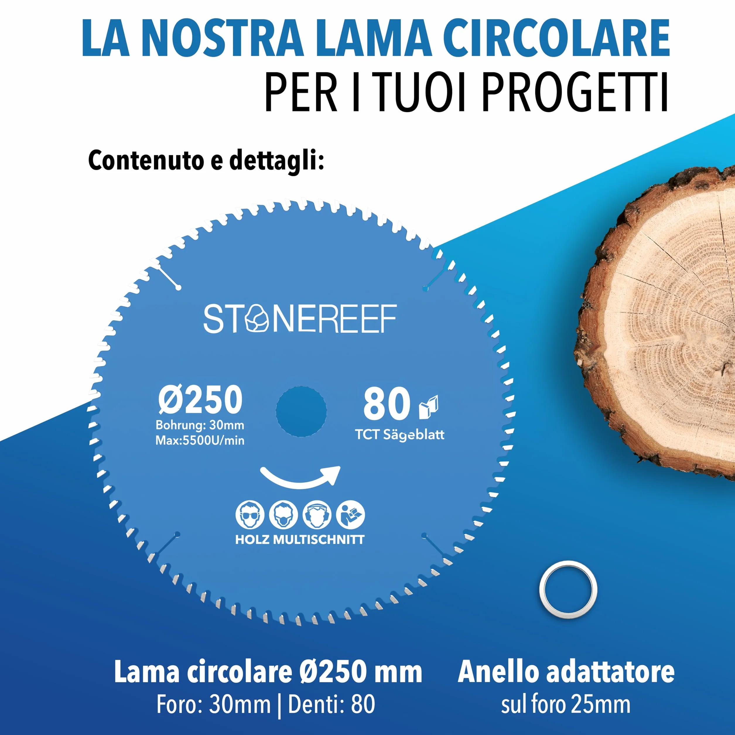 Bosch STONE REEF Lama per sega circolare 250x30 cm, con adattatore 20 mm, per legno, metallo, alluminio