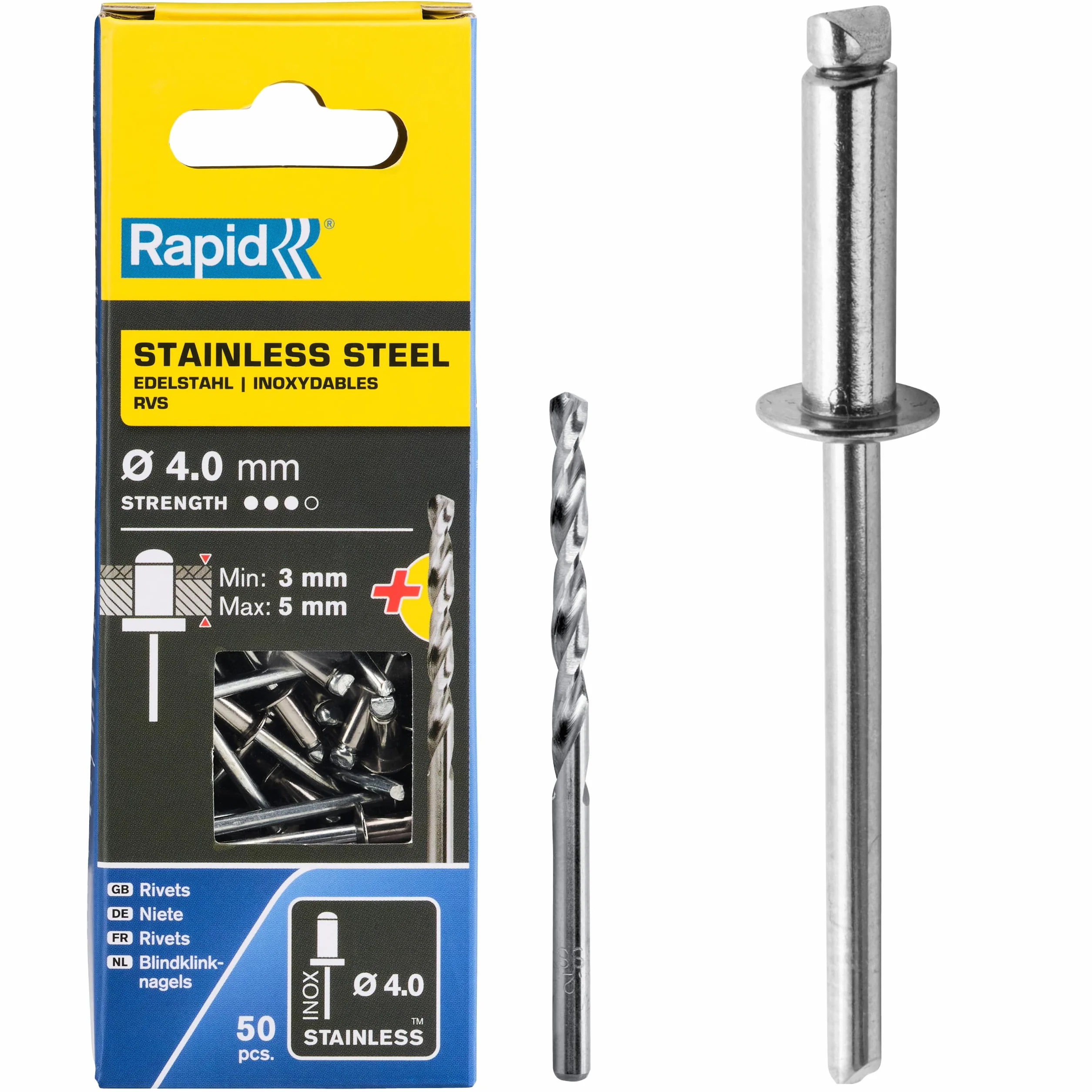 Rivetti in Acciaio Inossidabile Ø4 x 6 mm, 50 Pezzi, Scatola con Punta per Trapano
