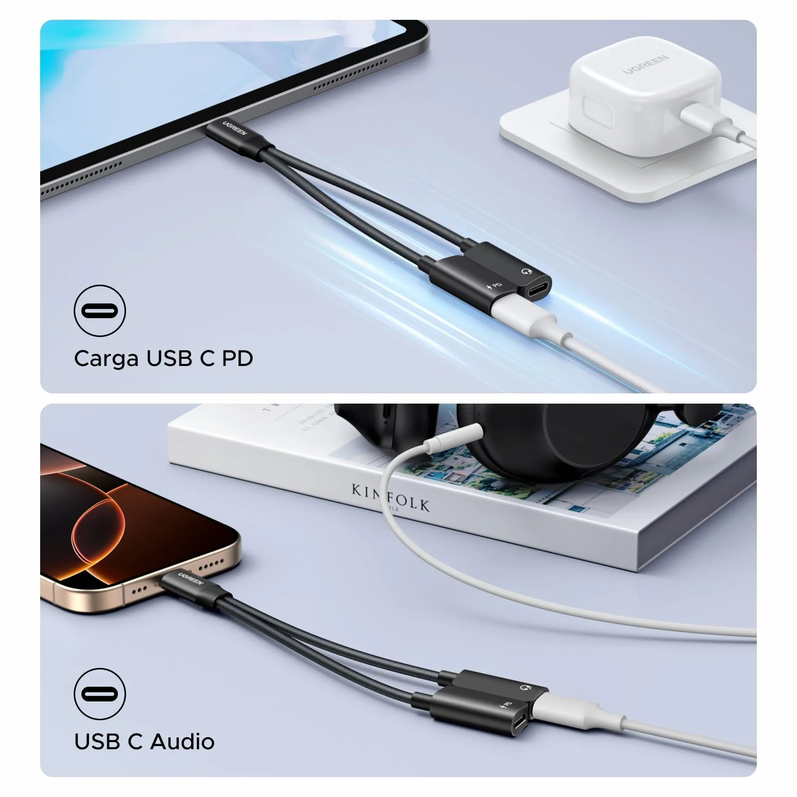 UGREEN Adattatore USB C a USB C 2 In 1 PD 60W Carica Rapida Magnetico 96Khz 24Bit Compatibile con iPhone 17 Pro Max Air iPad Galaxy S25 24 MacBook Air Pro PS5 4 Xbox
