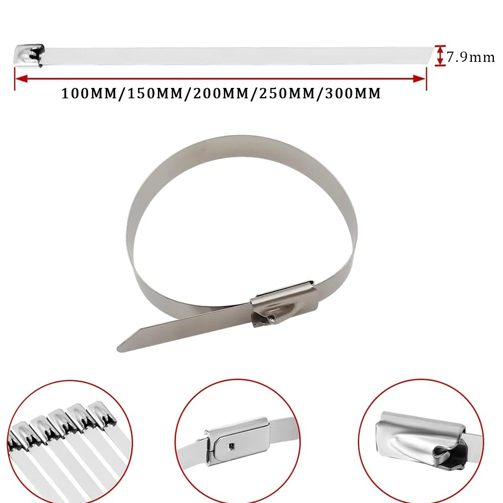 Fascette Fascette fermacavo in acciaio inossidabile da 100 pezzi Larghezza 7,9 mm Fascette con chiusura a filo multiuso in metallo Cinghie con coulisse for interni ed esterni Fascette Cavi(7.9x200mm)
