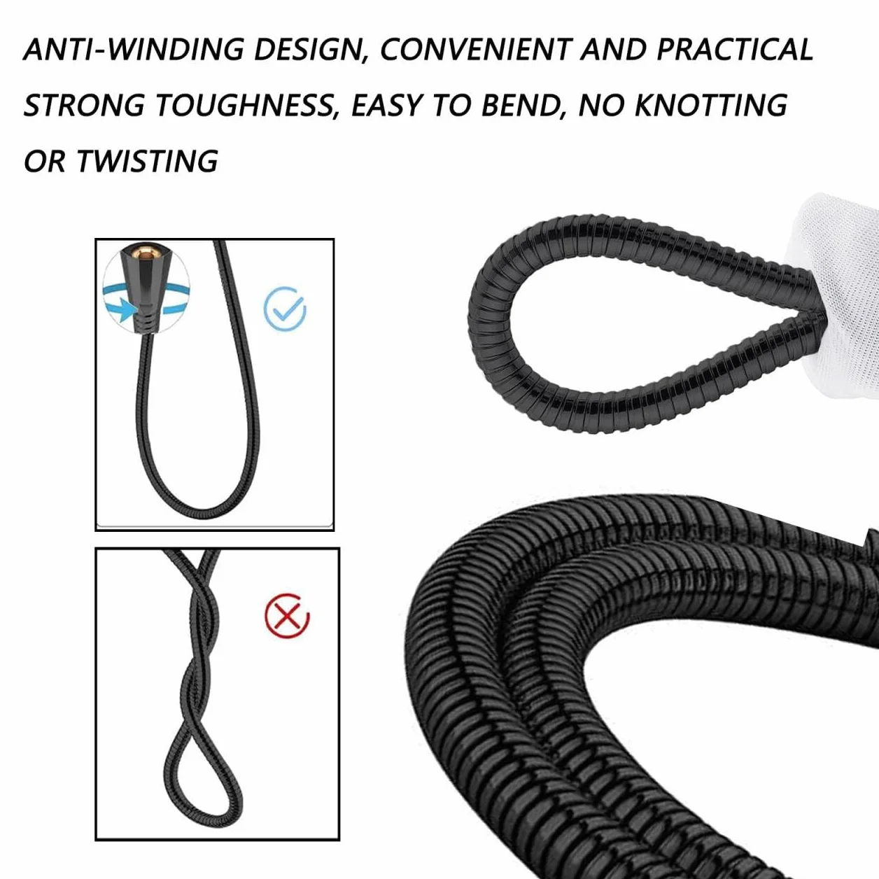 Tubo Doccia Nero 2 M, Flessibile Doccia In Acciaio Inox Standard 1/2" Connettore Universale Anti-Torsione Tubo Doccia per Doccetta E Rubinetti Vasca Da Bagno