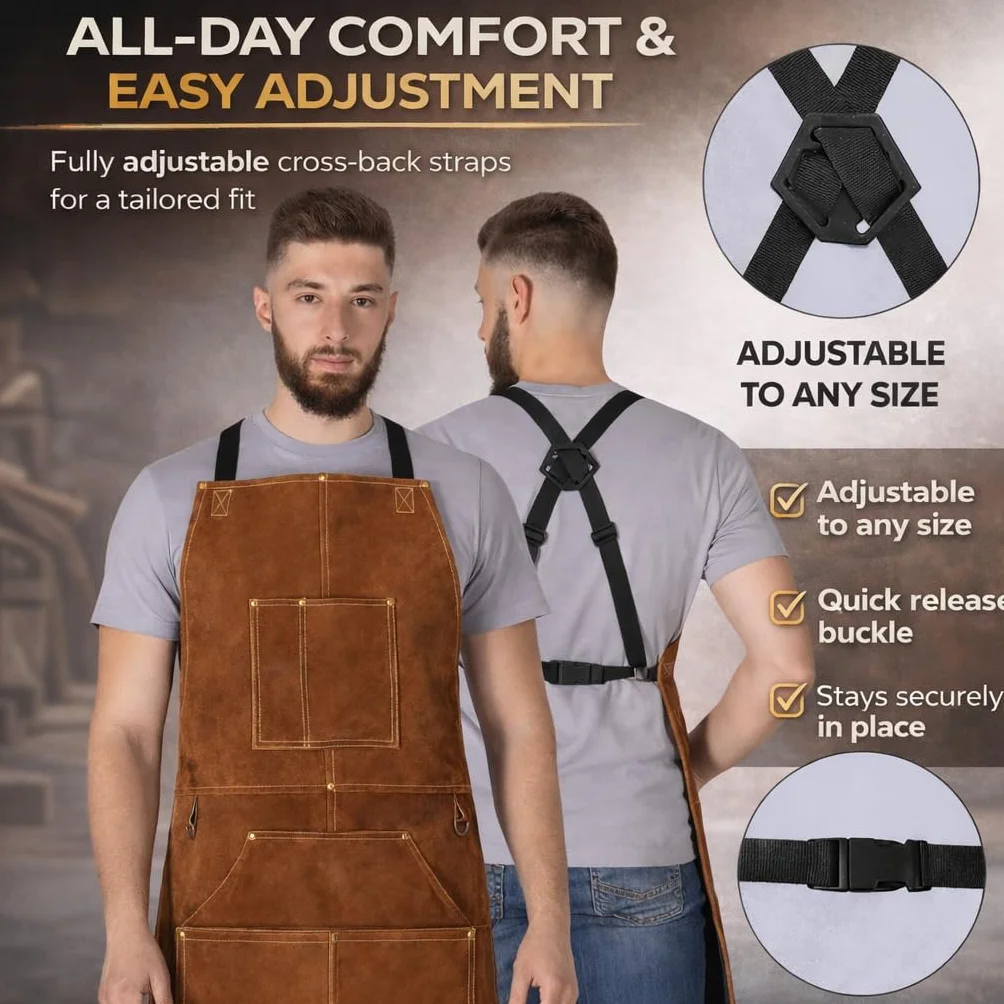 BWOLF SMITH Grembiule Saldatore in Pelle per Lavoro di Legno | Grembiule per Falegname con 6 Tasche | Grembiule per Saldatura e Resistente | Resistente al Calore | Regolabile