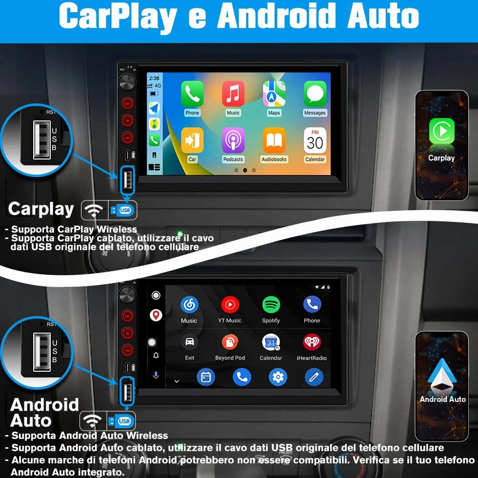 Universale Autoradio 2 DIN con Schermo Wireless CarPlay & Android Auto Bluetooth FM GPS USB Tipo-C Comandi al volante