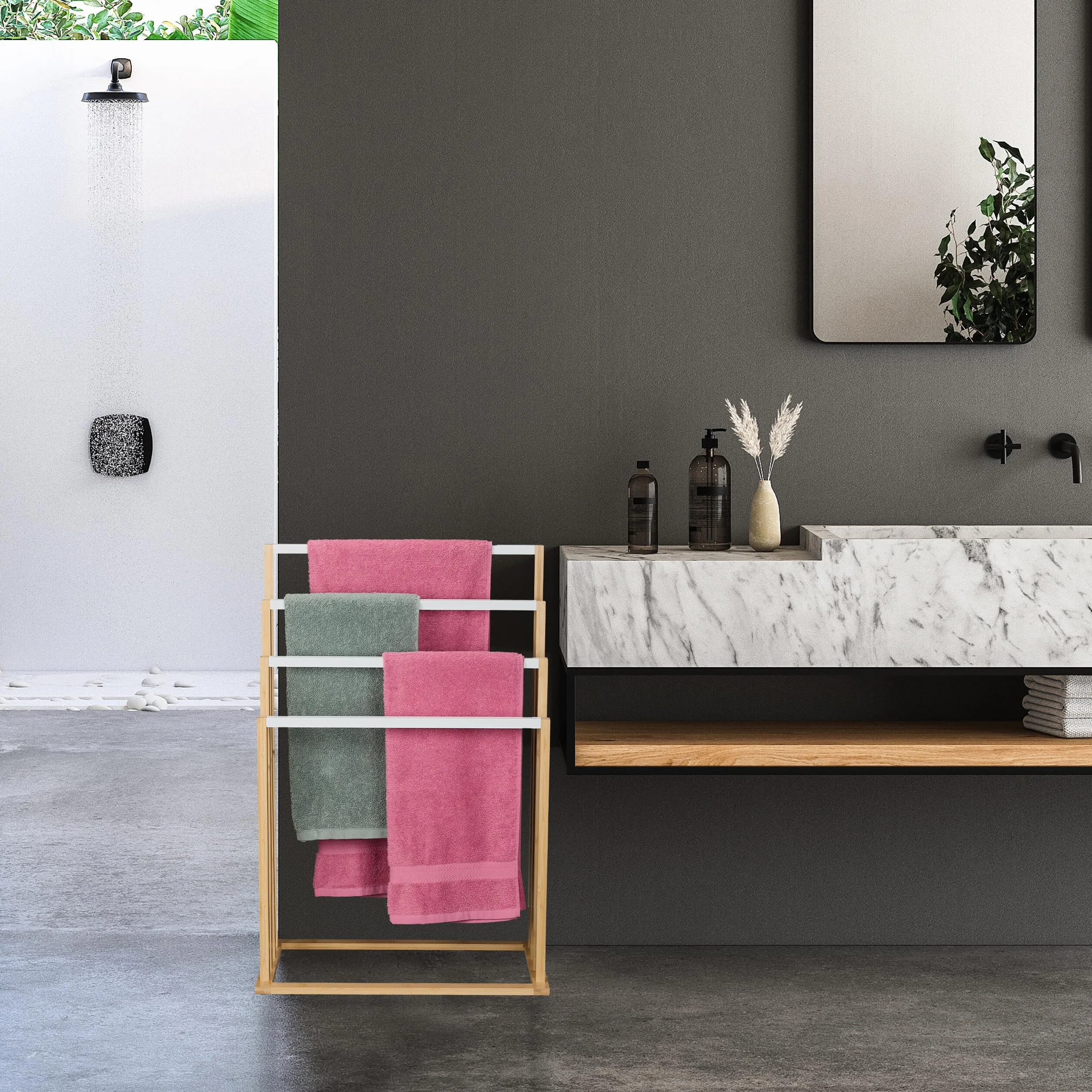 Relaxdays Piantana Portasciugamani in bambù da Bagno, 4 Bracci Appendi Asciugamani, HLP: 82x55x31 cm, Bianco Naturale
