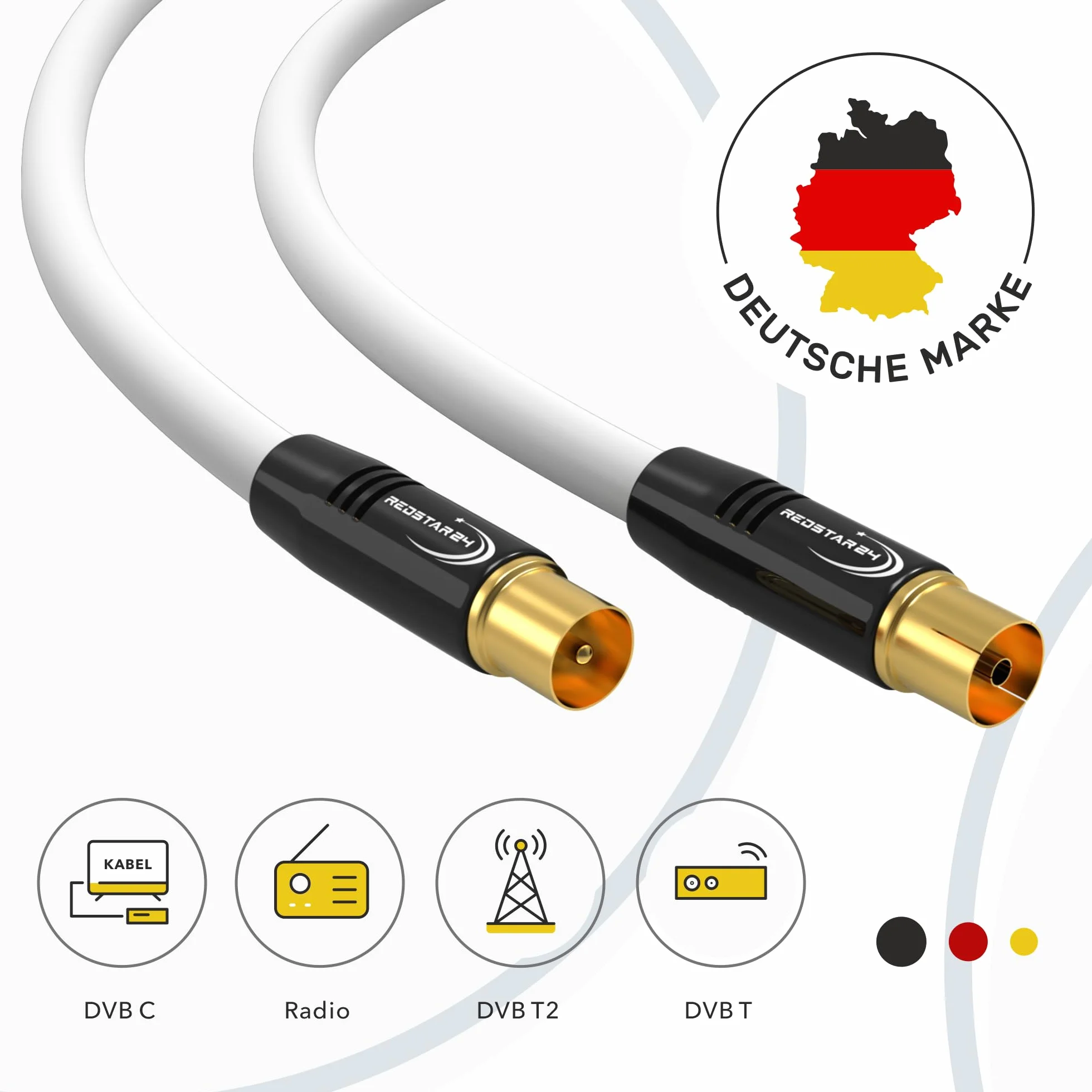 RedStar24 Cavo Antenna 1,5m Bianco - Maschio a Femmina IEC - Coassiale HDTV Premium per TV via Cavo | Compatibile Con TV, Radio, DVB-T/T2, DVB-C, DAB
