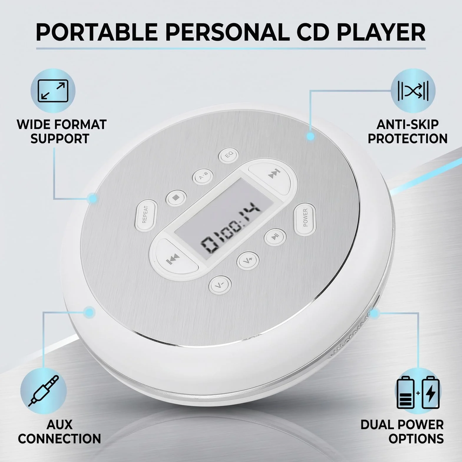 Tangxi Lettore CD Portatile con Cuffie, Lettore CD Portatile per Auto con Funzione di Ripetizione Protezione Anti Salto, Cavo AUX, per Sport Domestici All'aperto