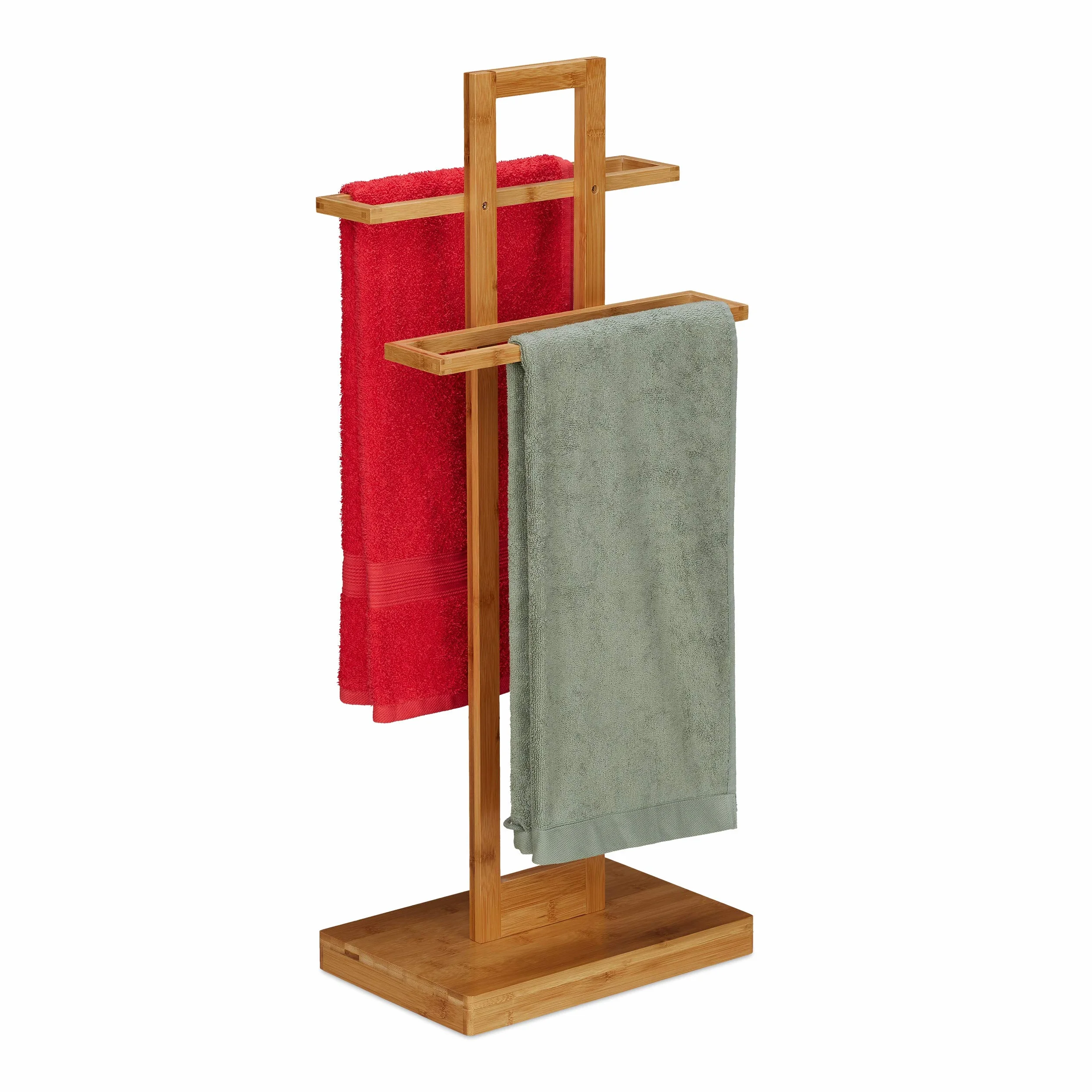 Relaxdays Portasciugamani da Terra Bambù, Arredo Bagno, Design Naturale, 2 Bracci per Asciugamani, Accappatoi, Marrone