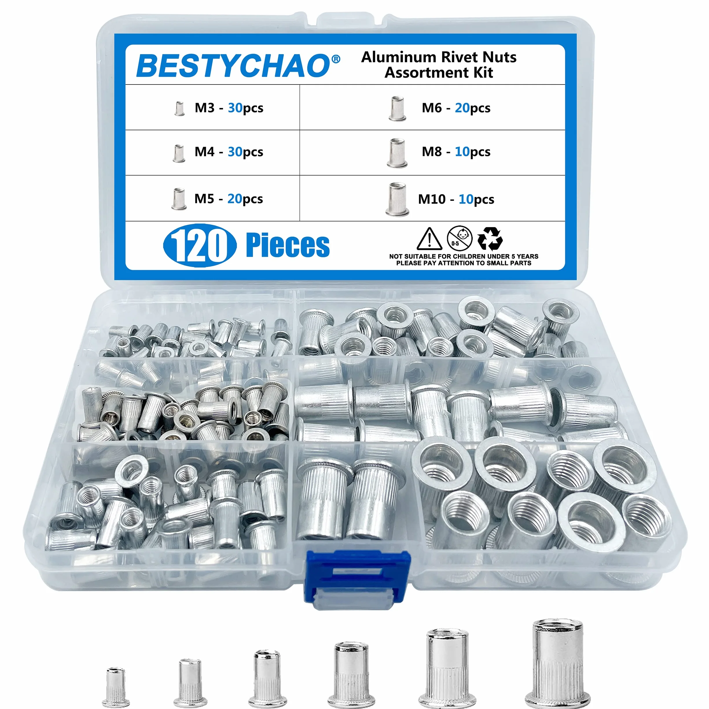 Dado Rivetto In Alluminio Testa Piatta Inserto Filettato Assortimento Kit M3 M4 M5 M6 M8 M10