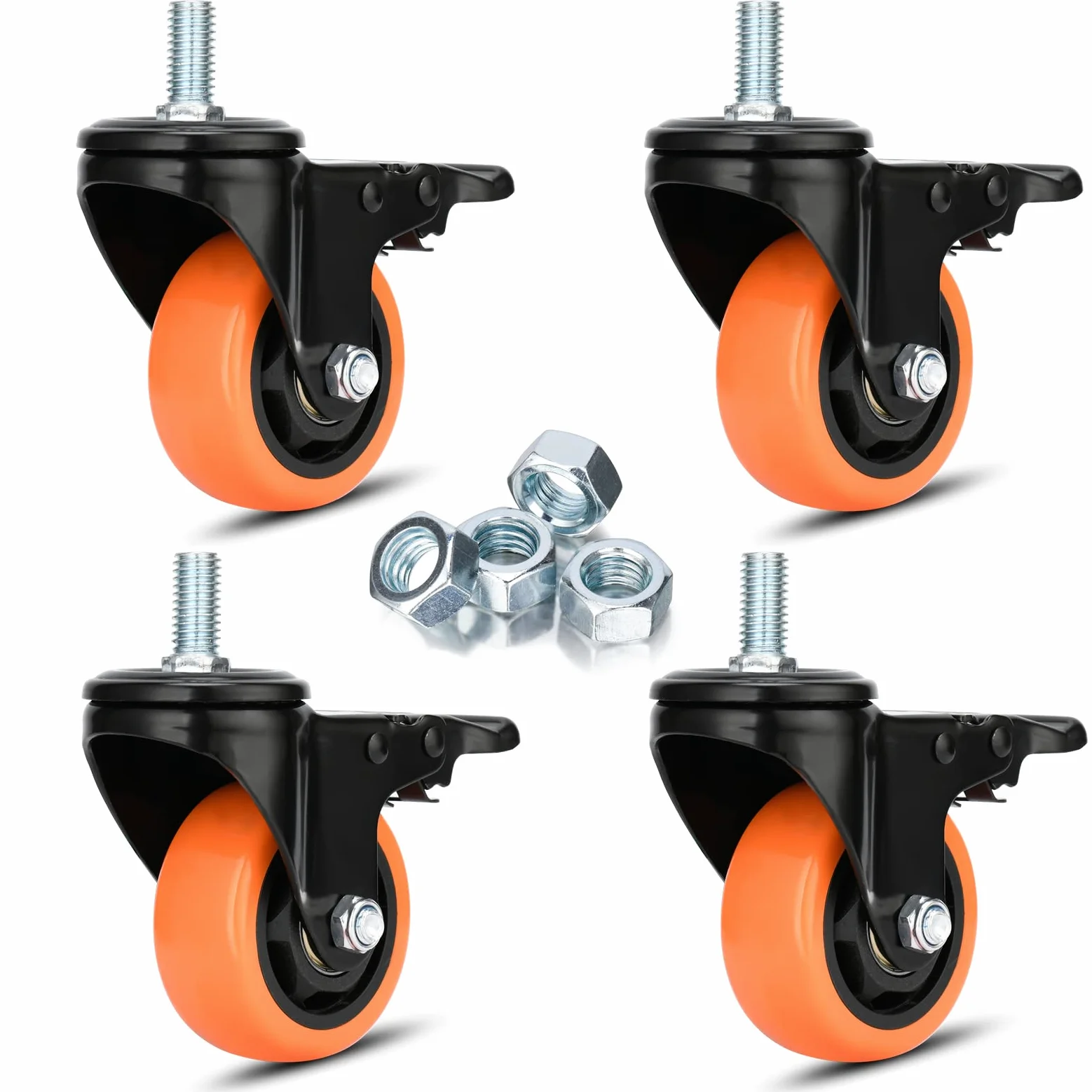 Perno Ruote per carrelli con Sicurezza Duale di bloccaggio per carichi Pesanti Ruote con Perno filettato Nessun Rumore Ruote girevoli con Freni (M12-1.75x25mm, 3 Pollice)