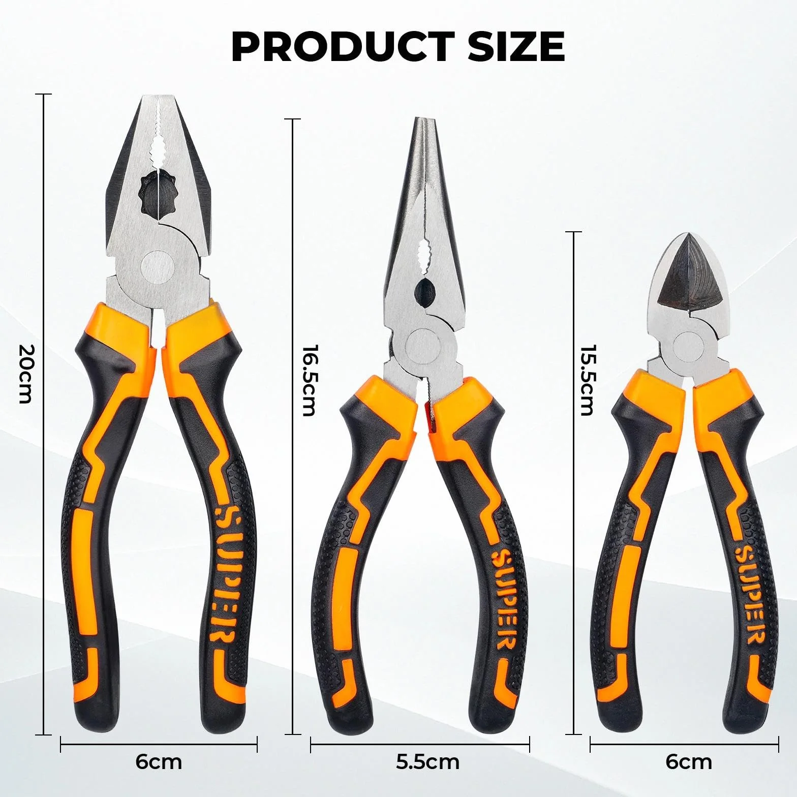 Pinze Elettricista 3 Pezzi, Pinza a Becco Lungo, Taglio Diagonale, Maniglia Ergonomico, Kit Universale