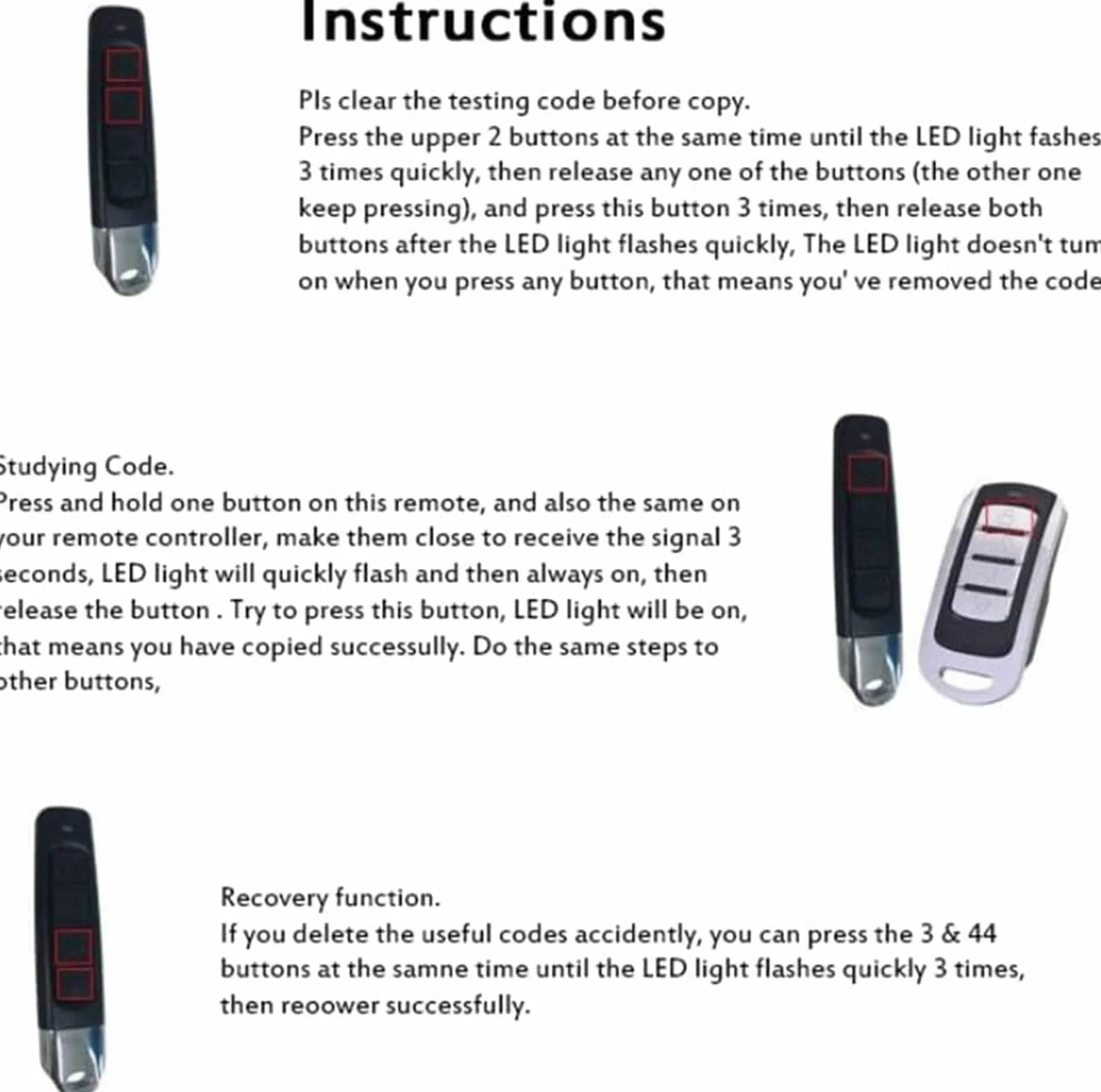 Duplicatore di telecomandi 4 in 1, duplicatore di telecomandi per auto, porte di garage, copia codice fisso e Rolling Code (4 pezzi)