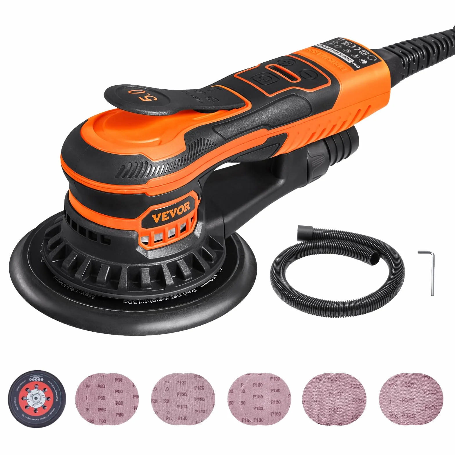 VEVOR Levigatrice Orbitale Casuale da 150 mm Levigatrice Orbitale Senza Spazzole 350 W 10000 PRM Levigatrice Palmare Elettrica a 6 Velocità Variabili con 10 Fogli Abrasivi, Connettore Antipolvere