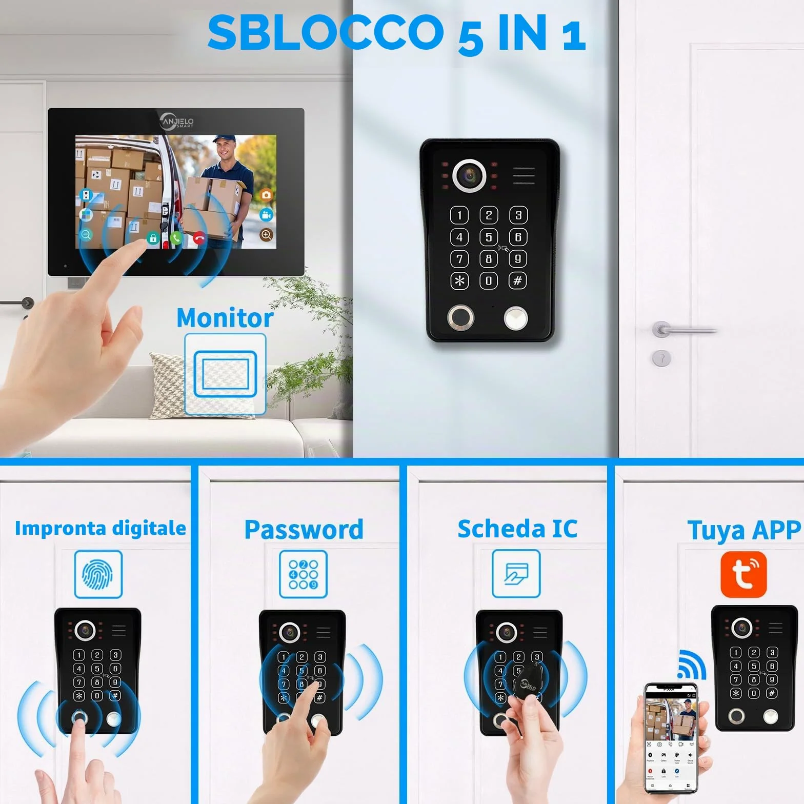 ANJIELO SMART Videocitofono, display touch screen da 7 pollici con sistema telefonico 1080P integrato, sblocco con impronte digitali, scheda RFID e codice PIN e rilevamento dei movimenti umani, 94218