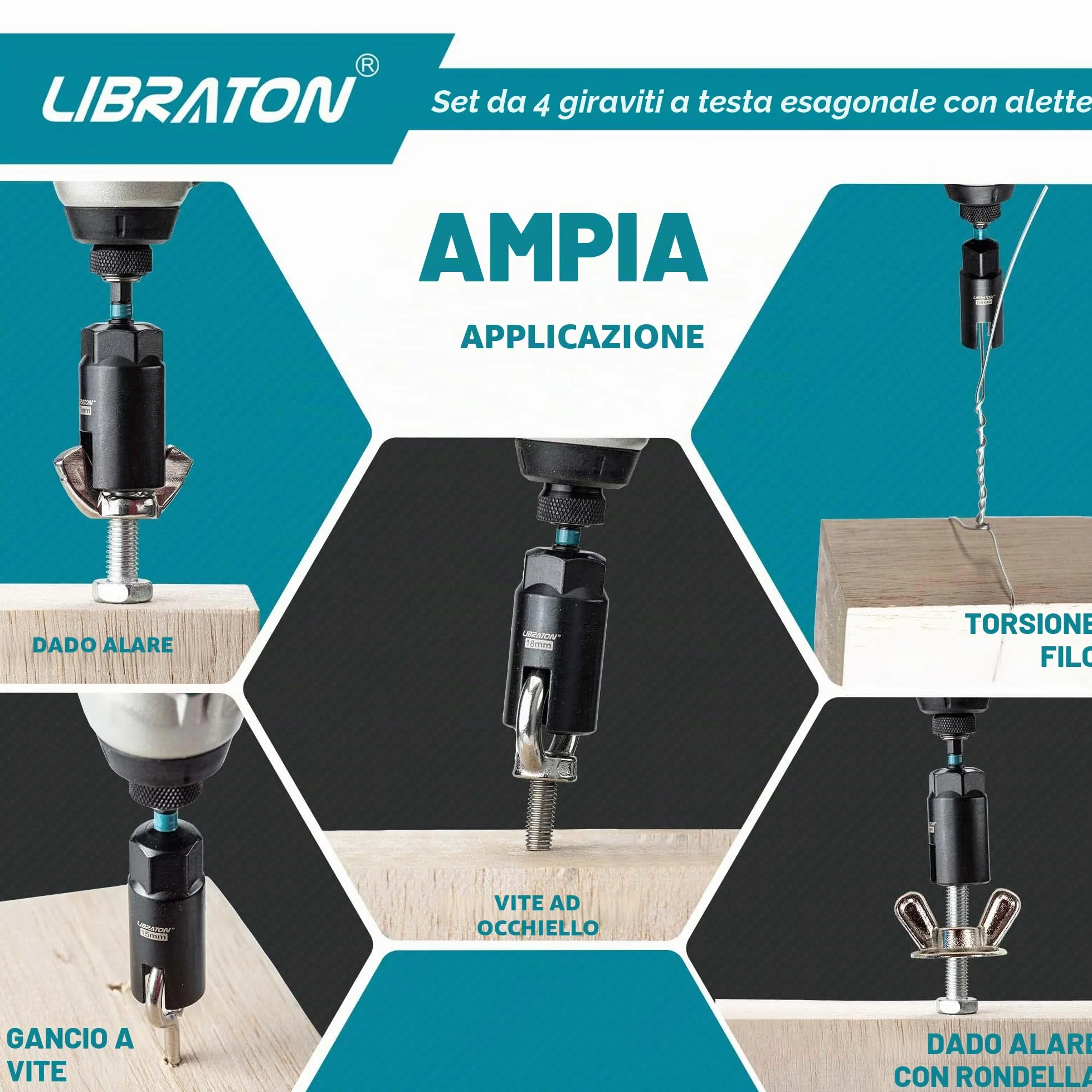 Libraton set di driver per dadi ad ala, 4 pezzi, esagonale 1/4", per bulloni a gancio e C