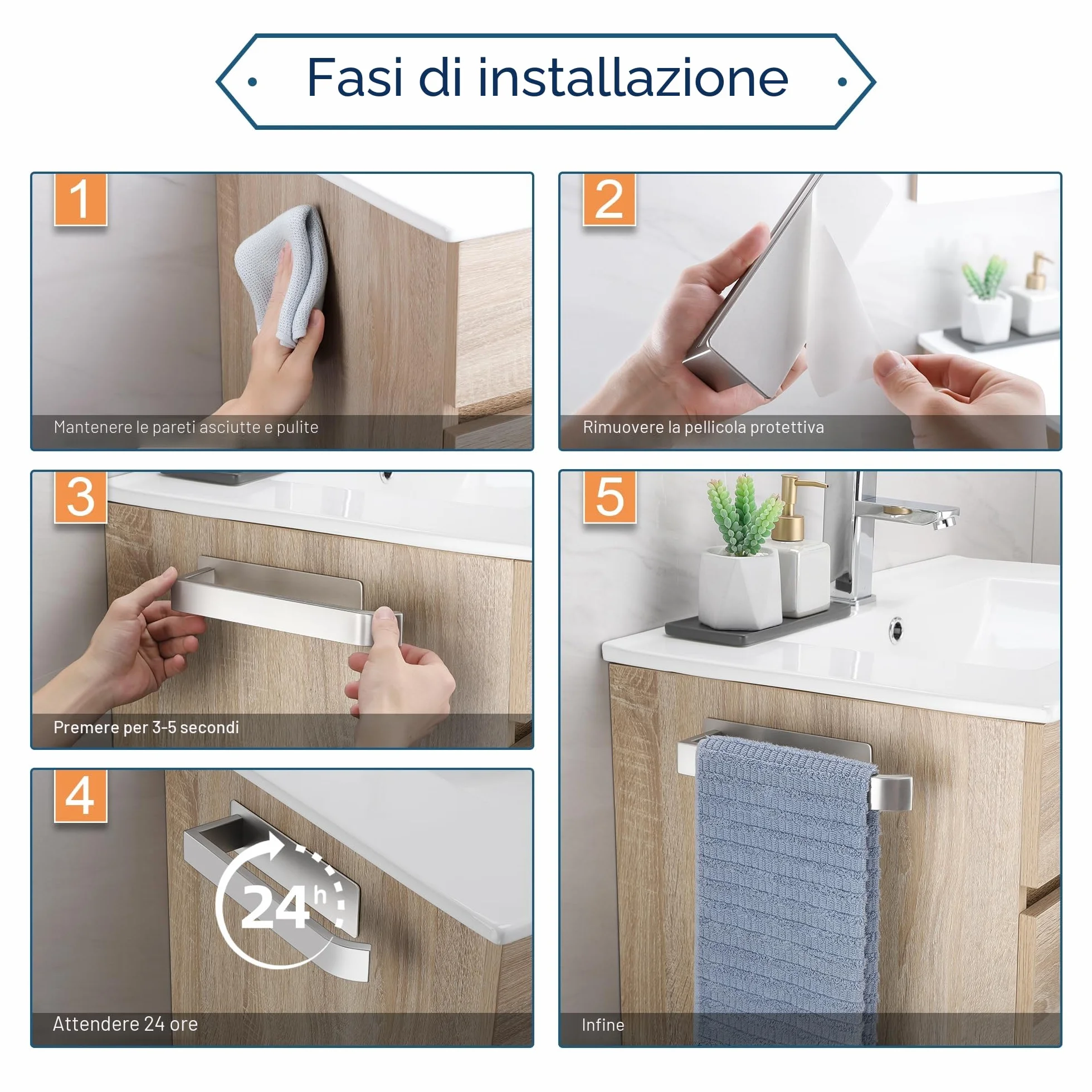 Porta Asciugamani Bagno Adesivo in Acciaio Inox 304 22CM Senza Foratura Spazzolato Argento