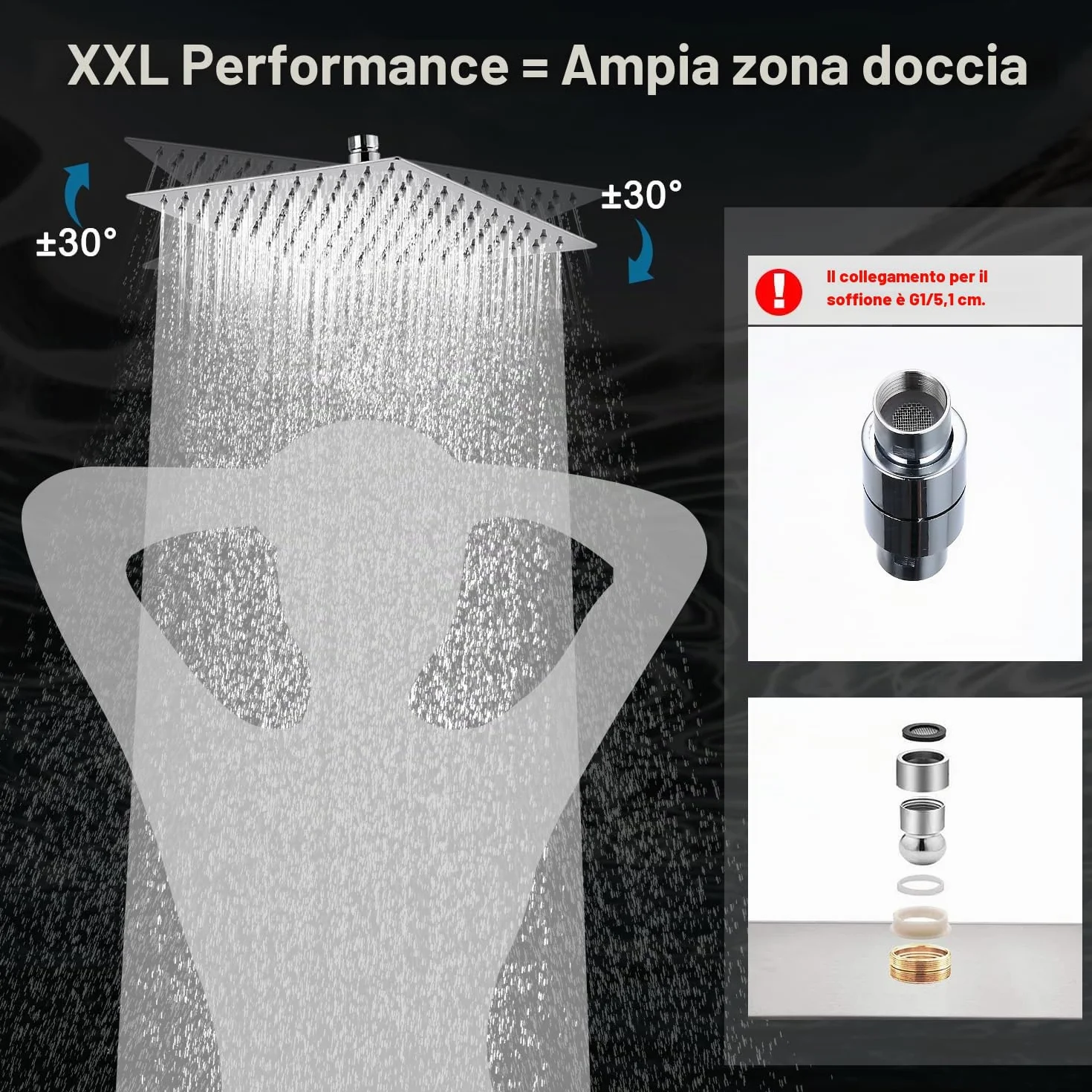 JOHO Soffione Doccia da Parete in Acciaio Inox 304 40x40 cm Quadrato con Ugelli Antiicalcare