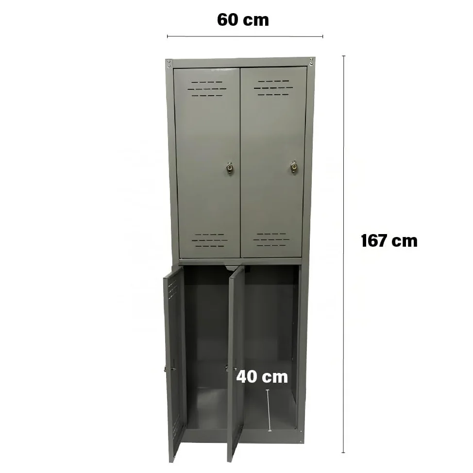 Armadio Spogliatoio - 4 Ripiani, Appendiabiti, Separatore, per Ufficio, Palestra, Aerazione Superiore ed Inferiore, Maniglia Lucchettabile, Kit ad Incastro, Bulloni - 60x40x167h cm (4 ante)