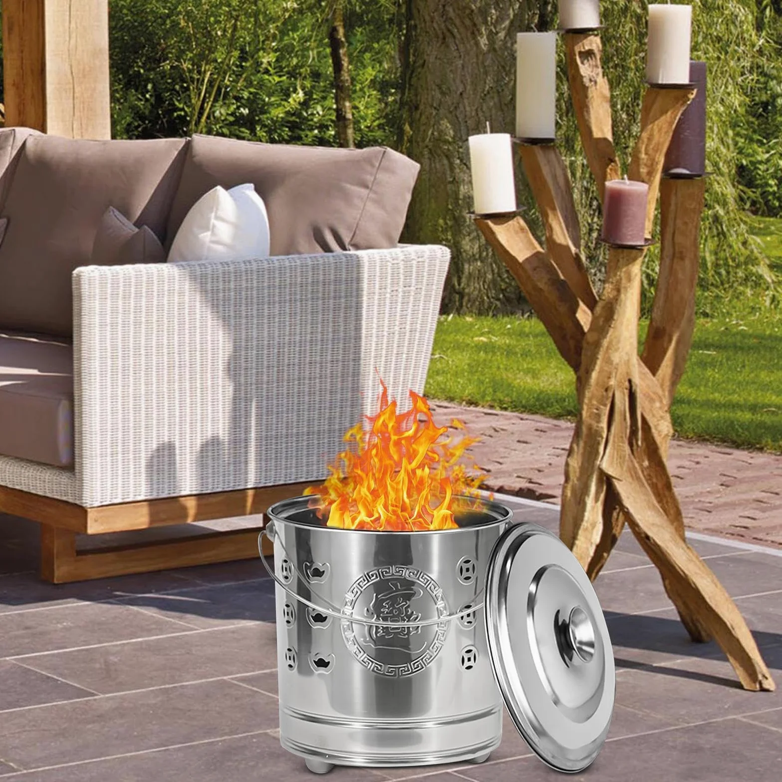 Barile Bruciatore Secchio Sicuro In Acciaio | Con Coperchio, Gancio Fuoco E Braciere Rivestito Per Rifiuti Da Giardino, Legna, Spazzatura, Falò, Braciere, Giardino, Patio