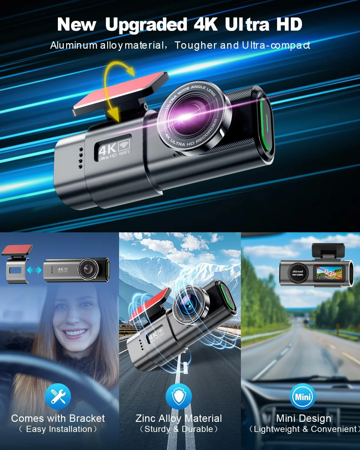 Dash Cam Auto, 4K Dashcam con WiFi & App, Dashcam Auto con 64G Scheda, Telecamera Auto 170°+140°, WDR, Schermo 1,47", Custodia rimovibile, Registrazione in Loop, Visione Notturna (4K)