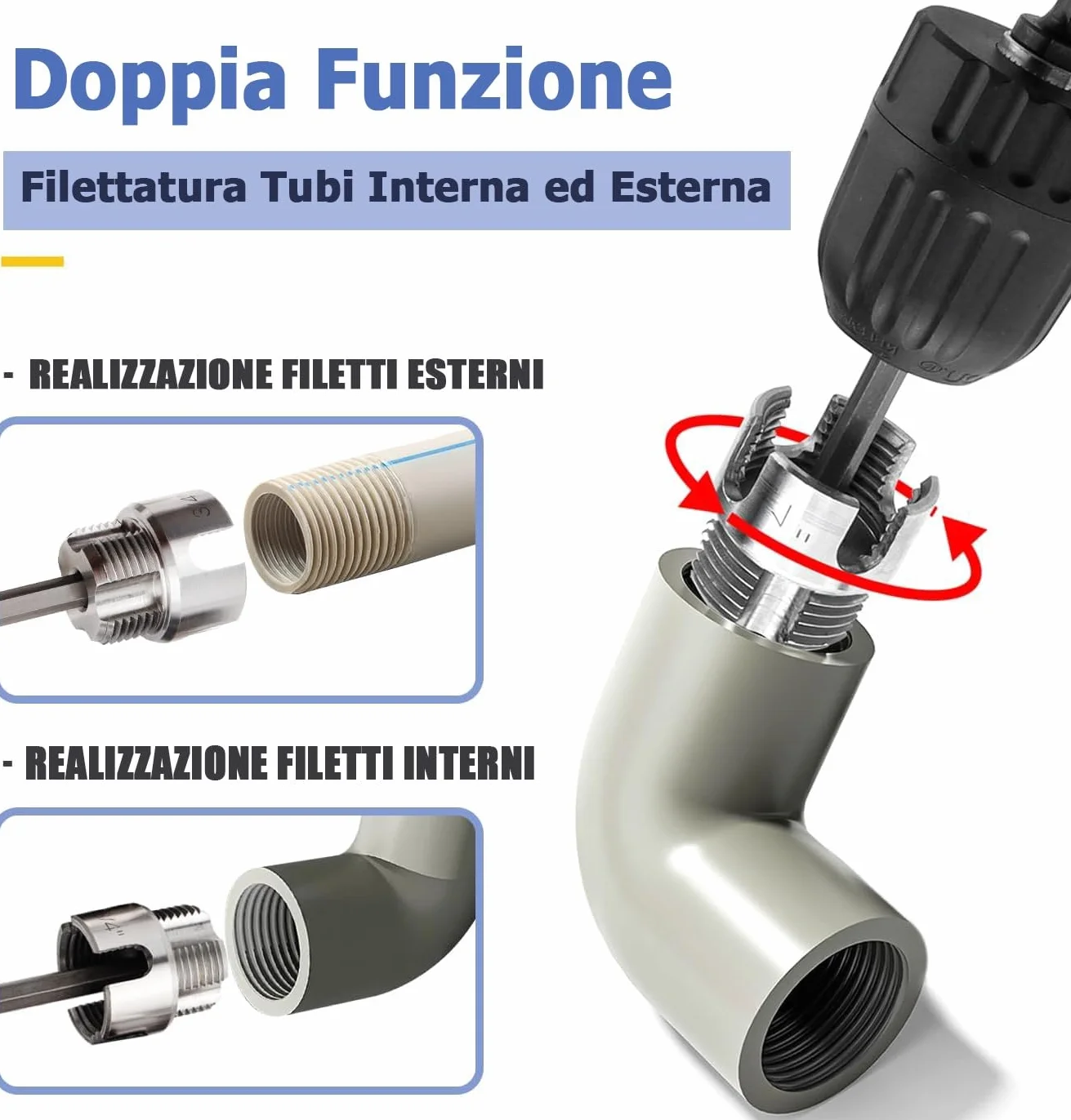 Mesee Kit per Filettatura Tubi PVC, Strumento Filettatura Interna ed Esterna, Compatibile Trapano Elettrico, 1/2"-1" PVC/PPR