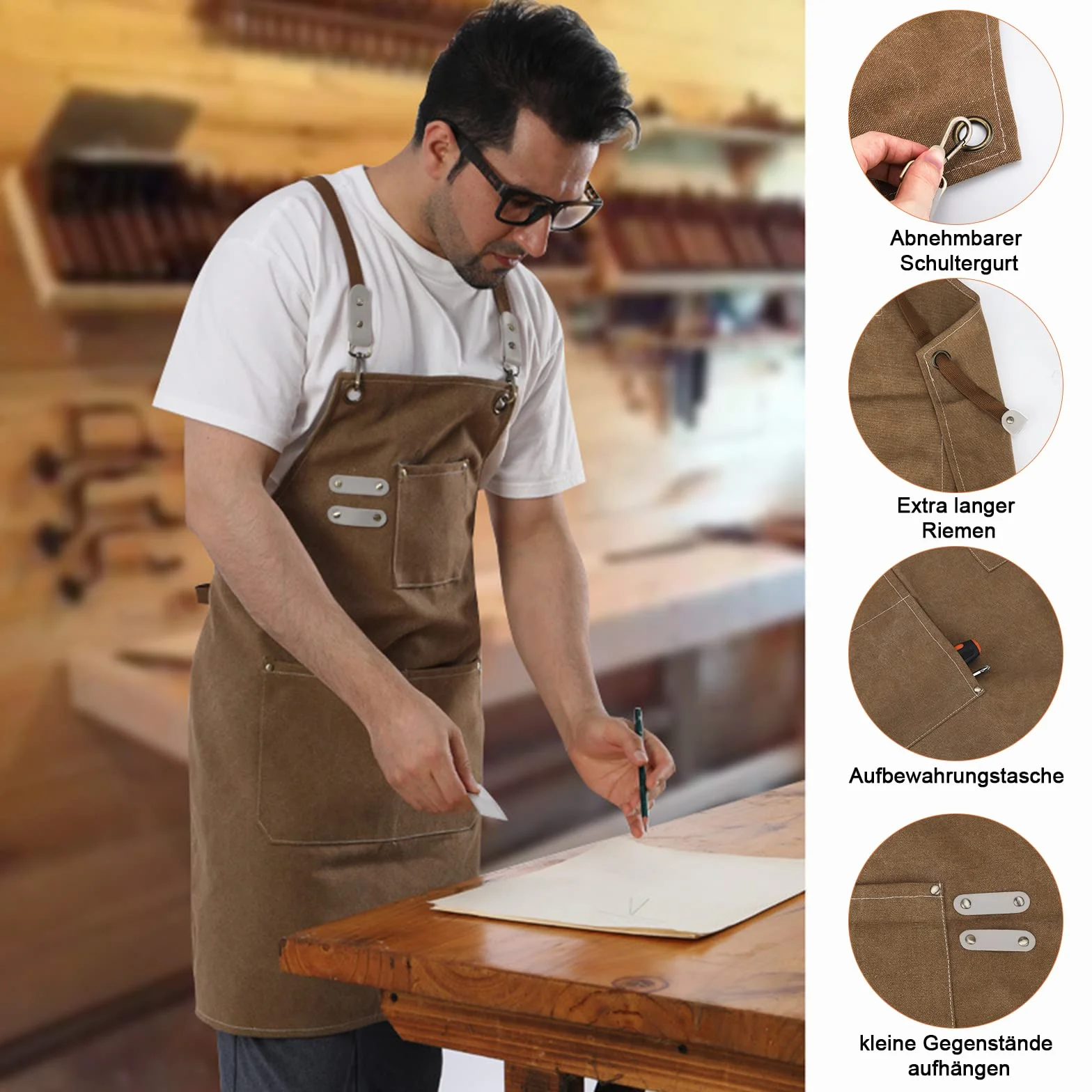 Grembiule da Lavoro Uomo in Tela, Grembiule Donna Durevole di Tela con 4 Tasche per Falegname Tatuatore Fabbro Pittore Barista, Design a Tracolla, Adatto per Casa Lavoro Campeggio all'Aperto-Nero