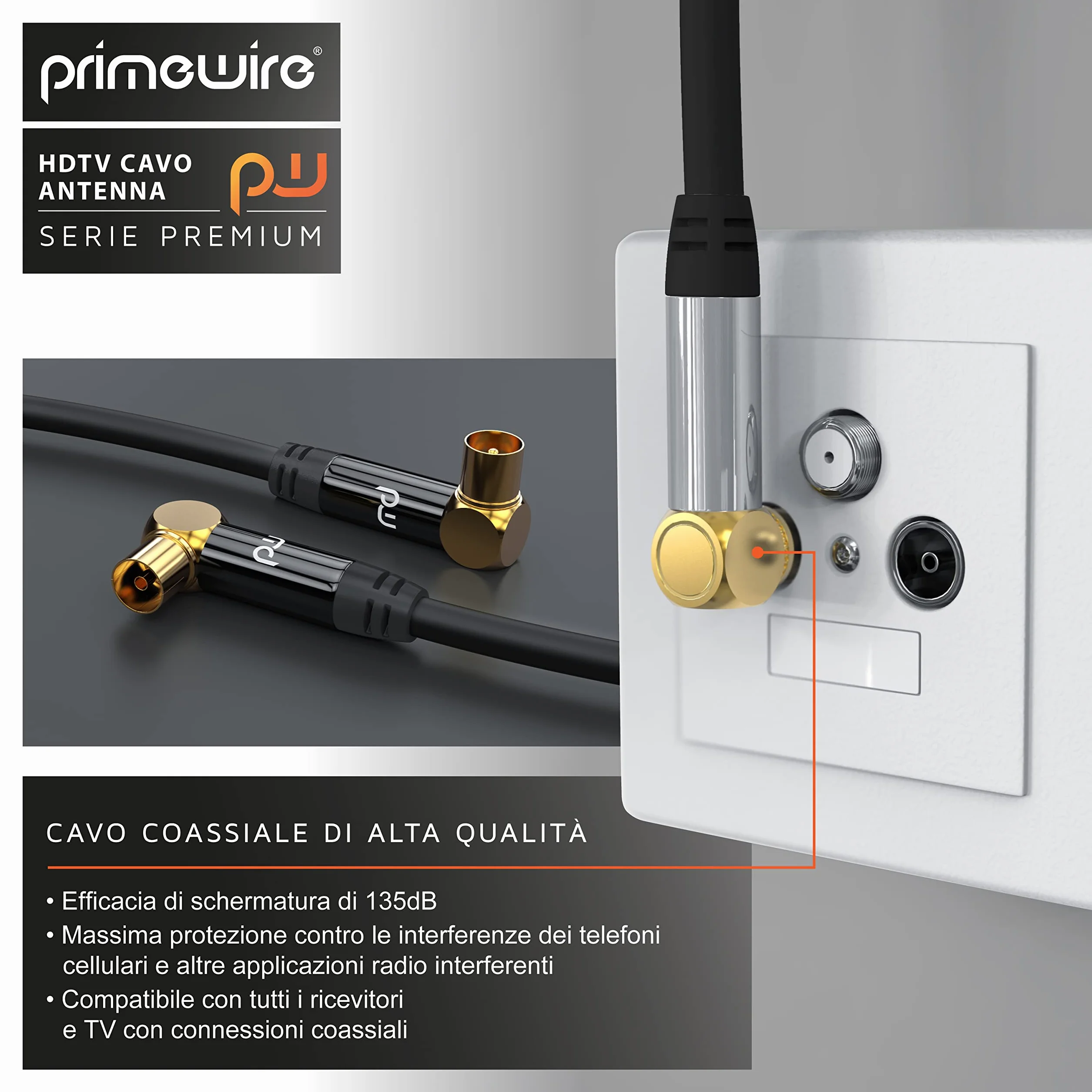 1m Cavo Antenna a Gomito 90 Gradi maschio femmina - Serie Premium professionale - DVB-T Digitale terrestre UHF VHF - Connettori dorati - 75 Ohm - Resistenza 135dB – Spessore cavo 7,5mm – Nero