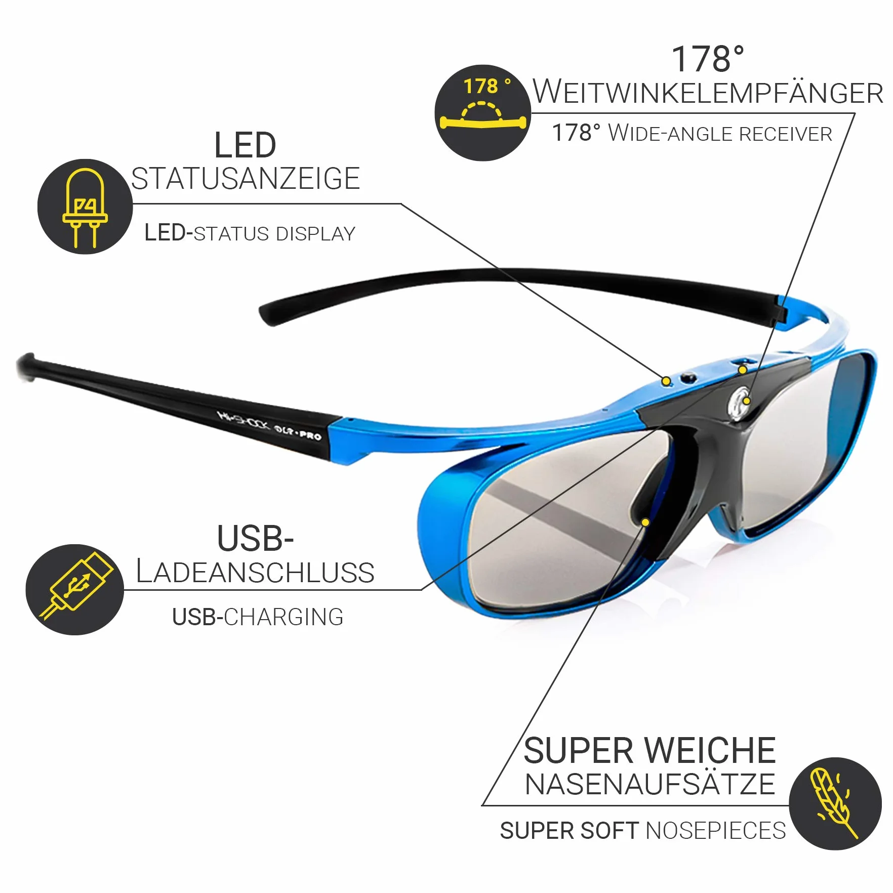 Hi-SHOCK DLP Pro Blue Heaven | Occhiali attivi DLP Link 3D - Compatibili con i proiettori DLP 3D di Acer, BenQ, Optoma, Viewsonic | Sostituzione per PPA5610 / E4W [96-200 Hz | 32g | Ricaricabile]