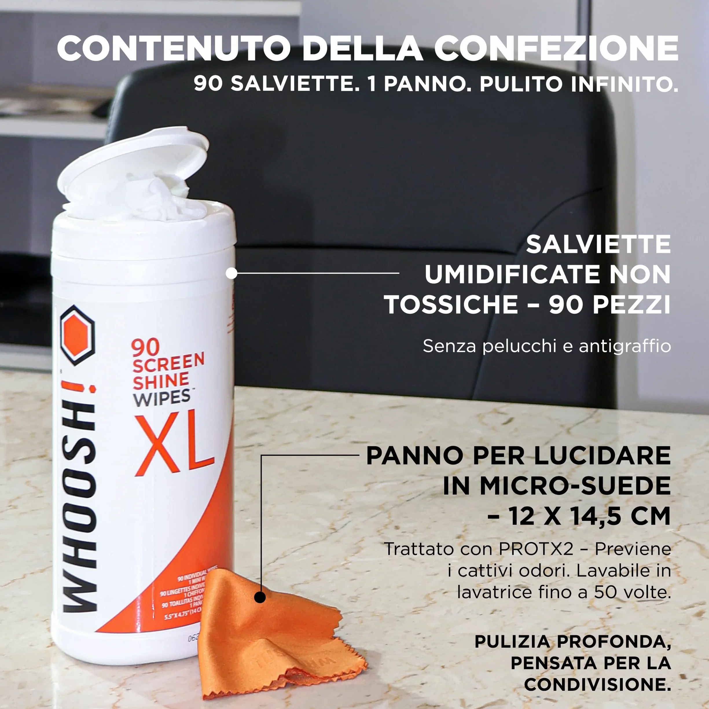 WHOOSH! Screen Shine 90 Salviette Schermo Per Auto, TV, Laptop, MacBook E OLED Con Panno Microsuede – Senza Pelucchi, Non Abrasive, Senza Aloni Salviette Occhiali Pulizia