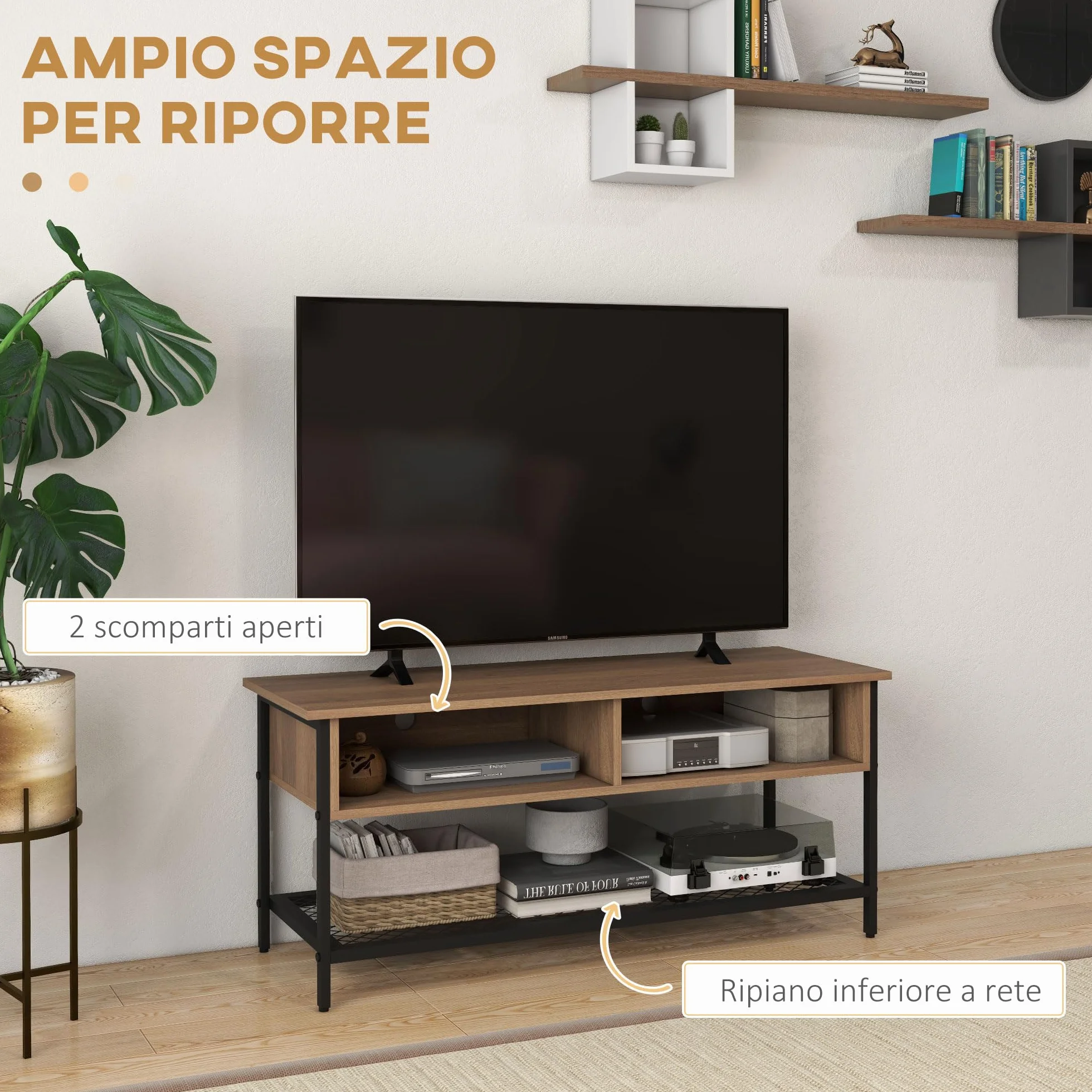 HOMCOM Mobile Porta TV fino 48" in Stile Industriale, Mobile Basso con Ripiani in Legno e Acciaio, 110x40x48cm, Marrone e Nero