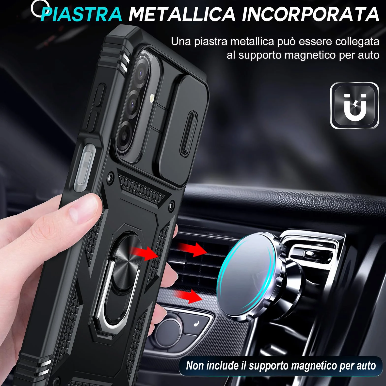 LeYi Cover per Samsung A17 5G con Vetro Temperato [2 Pack],Custodia per Samsung Galaxy A 17 con Protezione Fotocamera [Slidable] Antiurto Grado Militare 360° Anello Supporto TPU Bumper Case, Nero