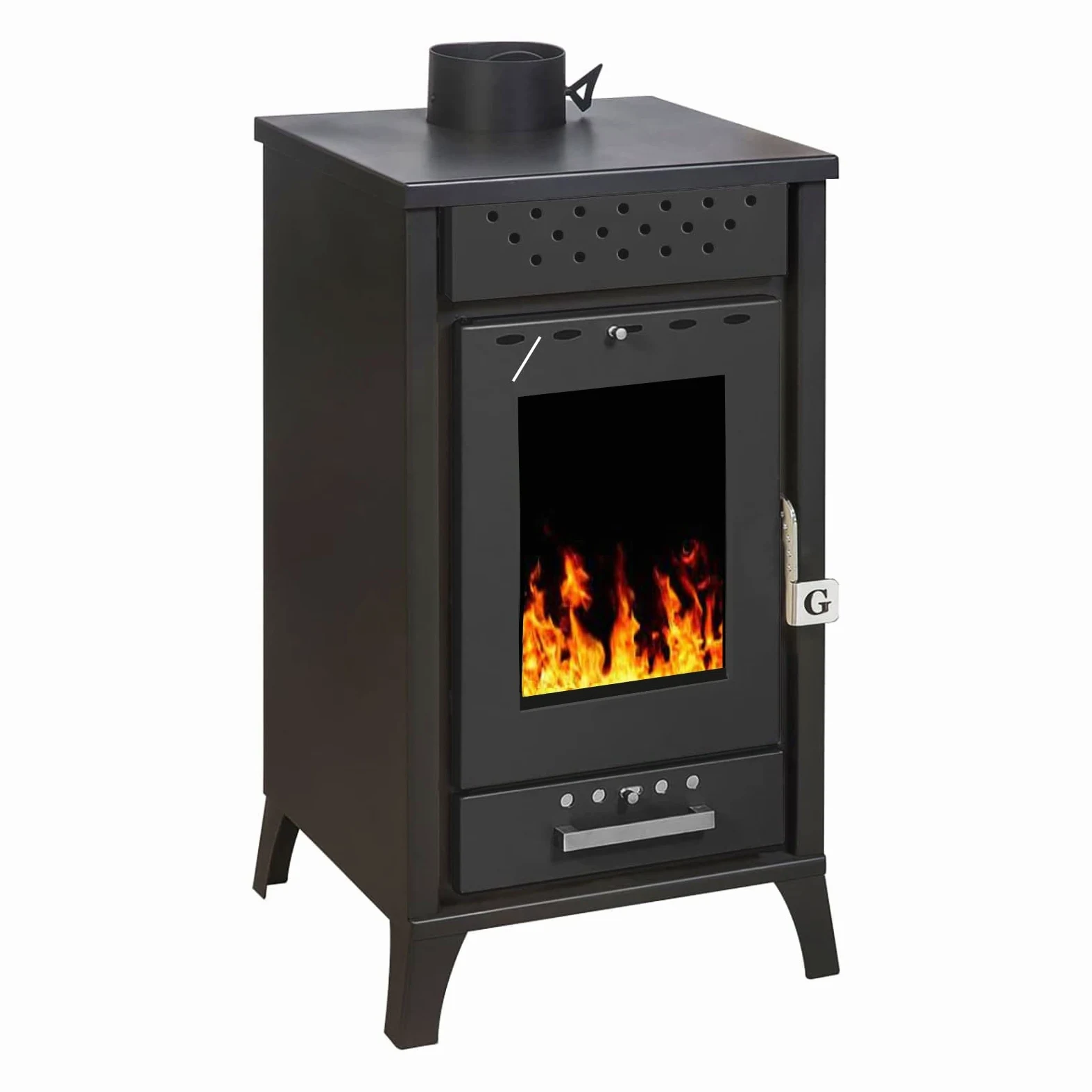 Stufa a legna/Termocamino in Acciaio e Ghisa Potenza nominale 15 kW - Dimensioni esterne 91 x 48,5 x 45,5 cm - Peso 91 kg - Mod. Kolumbo (Cod. 5830)