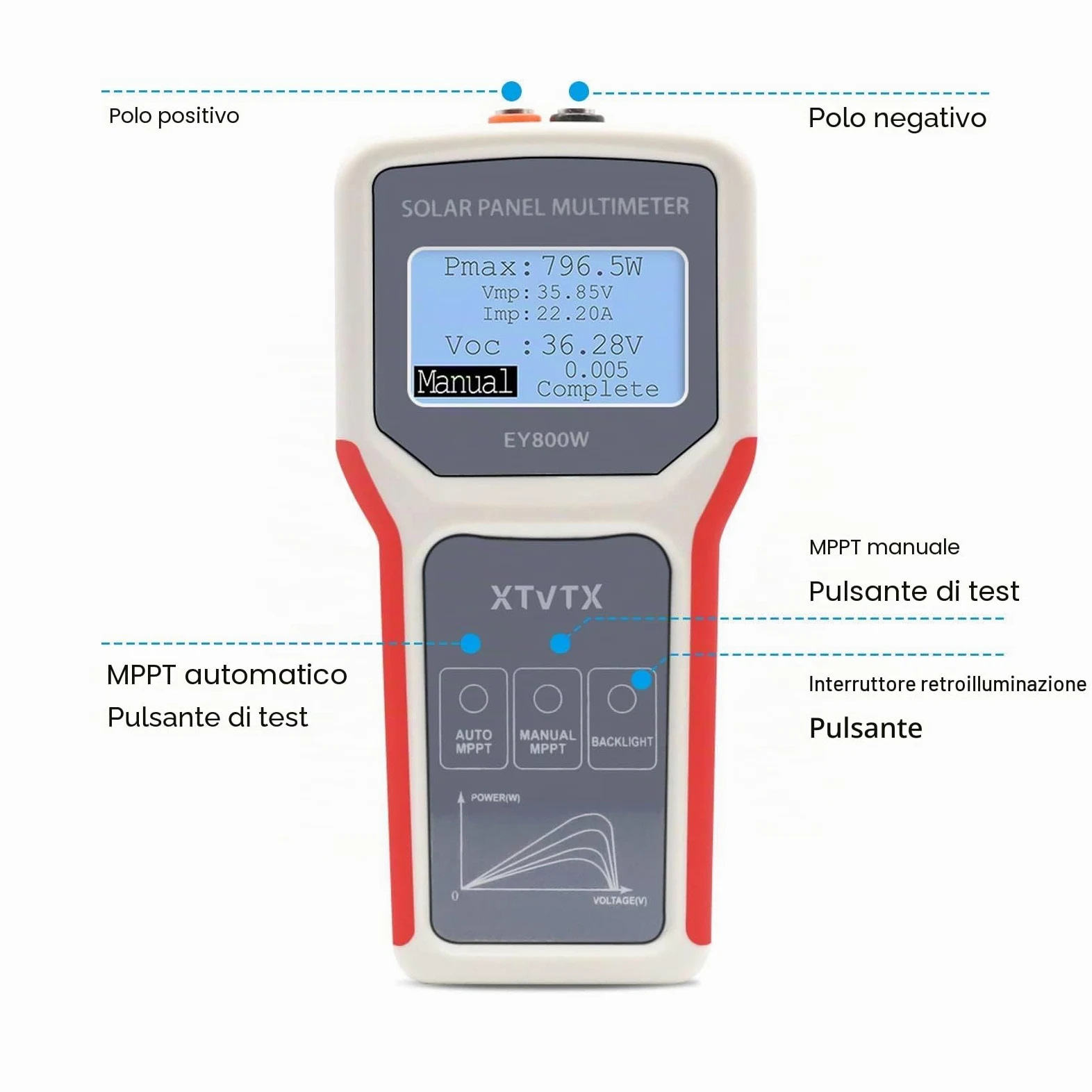 Tester di pannello solare, multimetro per pannello fotovoltaico stile migliorato EY800W, con schermo LCD ultra chiaro