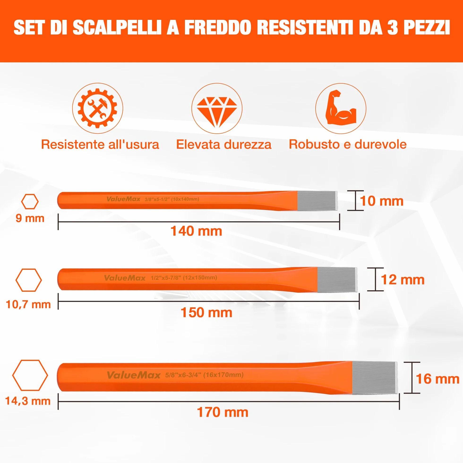 ValueMax Set di Scalpelli da 3 Pezzi, Scalpello Piatto in Acciaio Cr-V, Scalpello a Freddo 10-16 mm per Pietra e Cemento