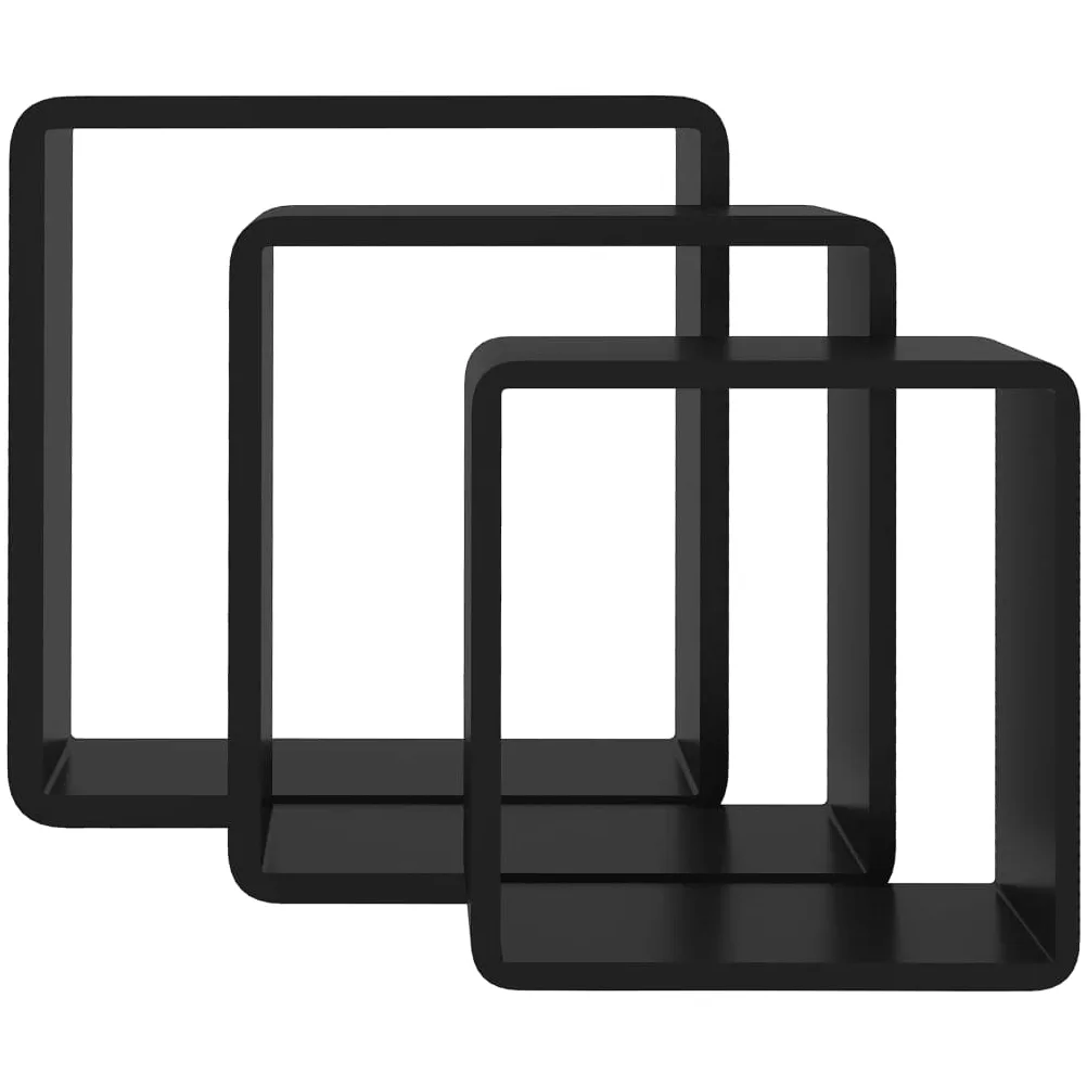 Scaffalature, mensole da parete e sporgenze, mensole cubiche da parete, 3 pezzi, in MDF nero