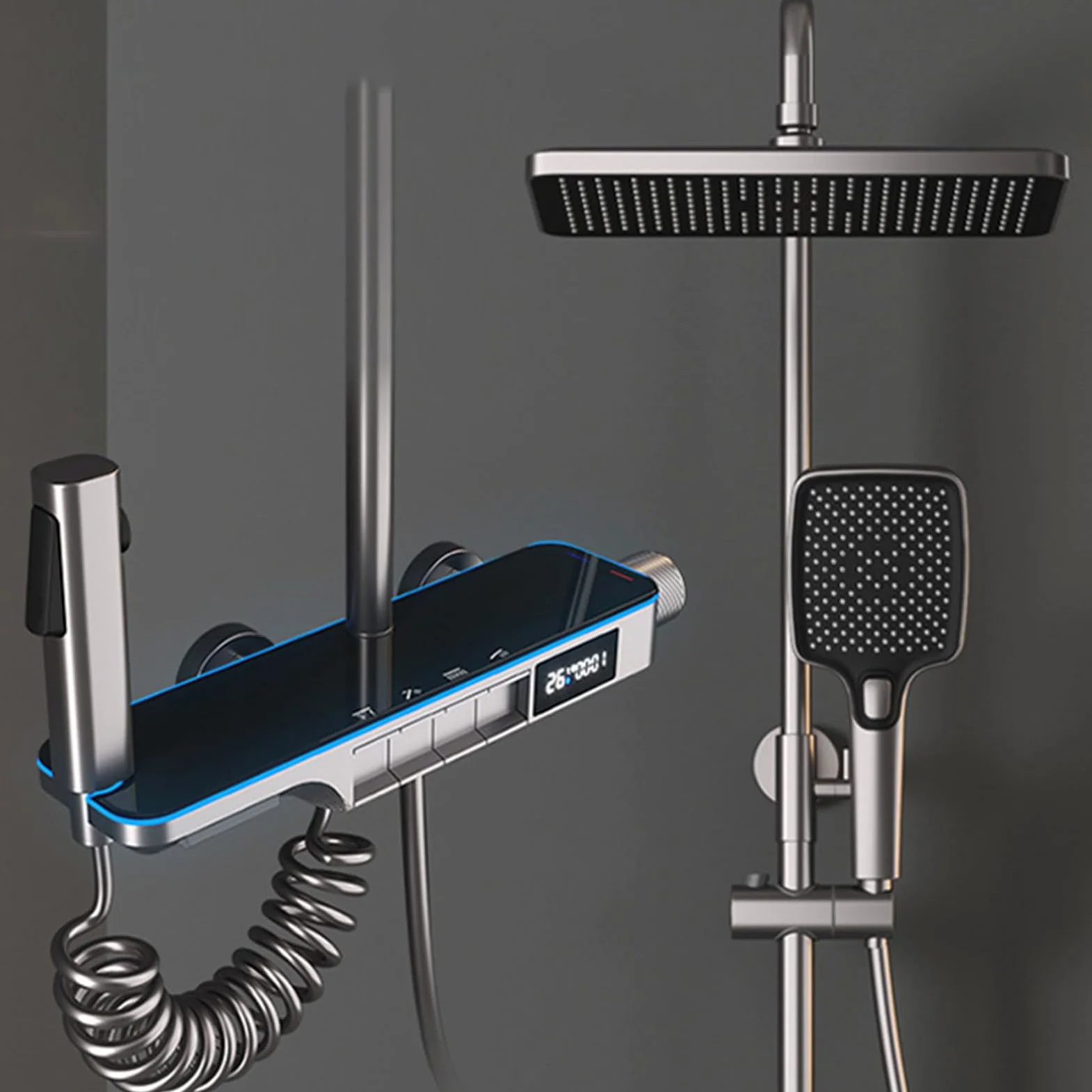 Set Doccia termostatico a 4 funzioni con Rubinetto e Display Digitale, soffione da 12", doccetta, doccetta per Bidet, beccuccio per Vasca, Grigio